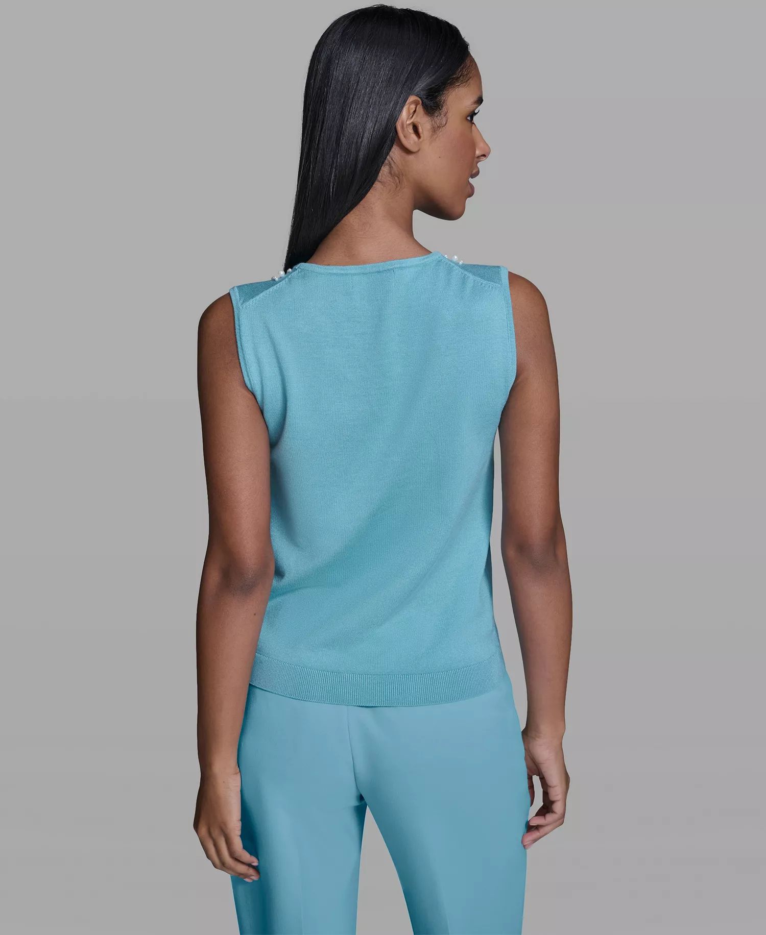 Women's Pearl-Detail Keyhole Sleeveless Sweater - Aqua Mist - L