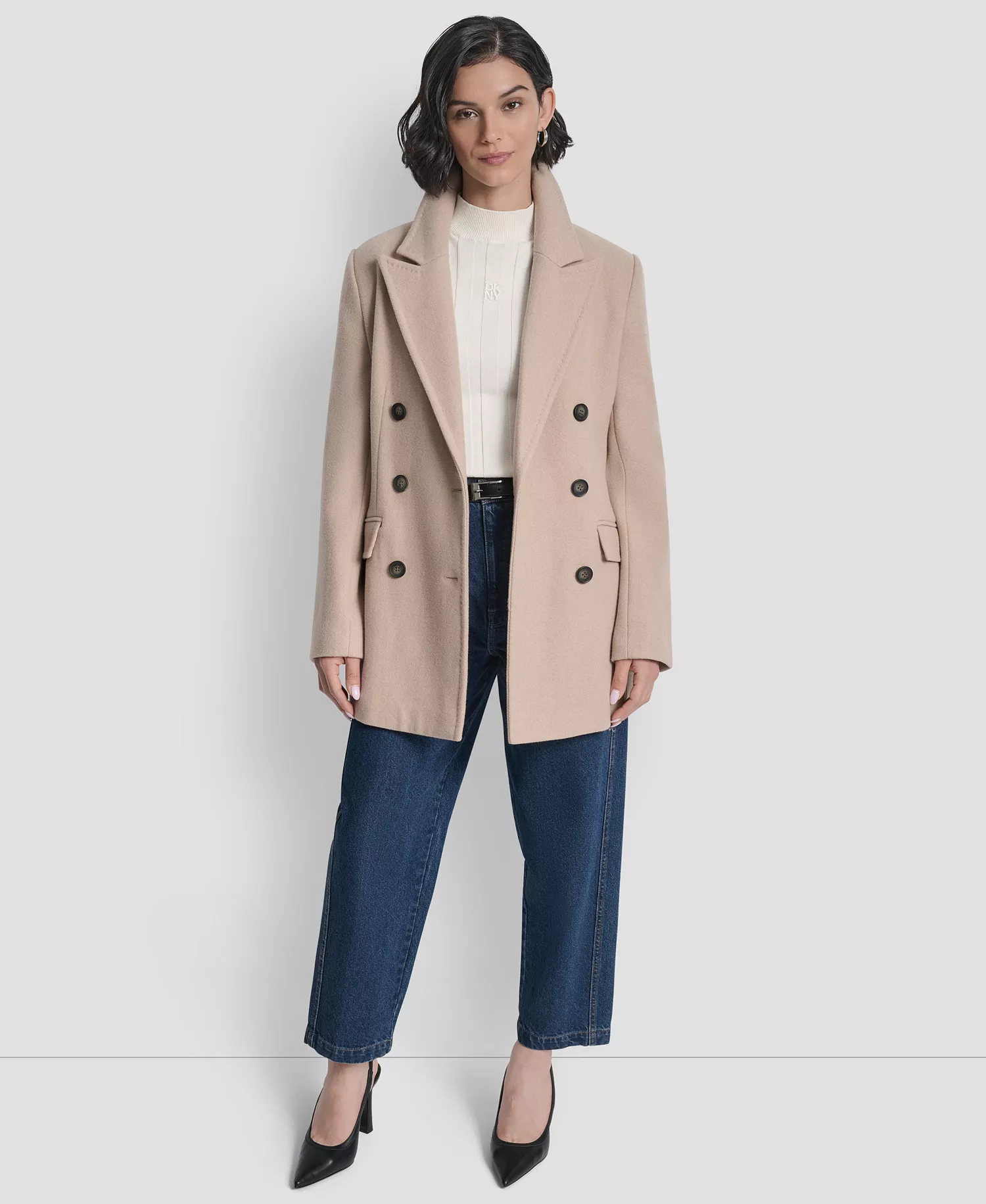 Women's Short Double-Breasted Belted Coat - Light Camel - L