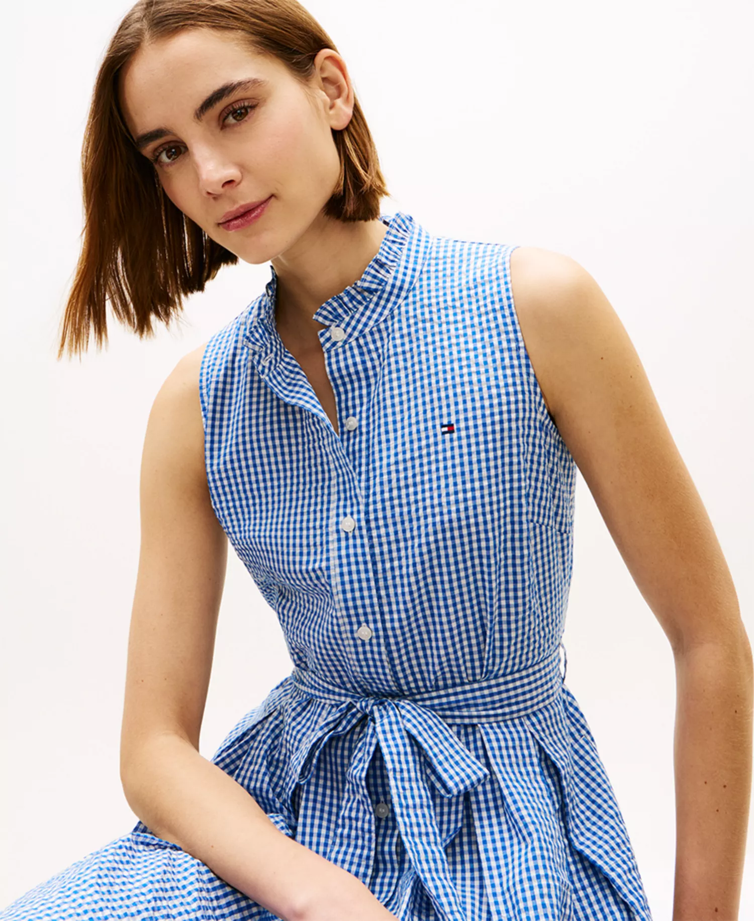 Women's Sleeveless Collared Frill Dress - Blue - L