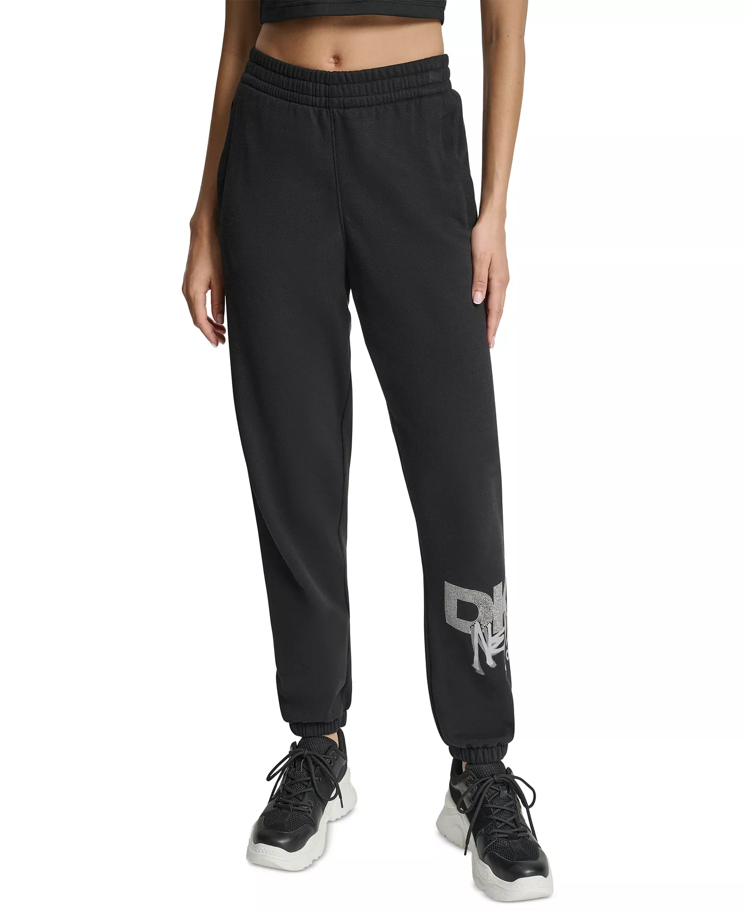 Women's Graffiti Rhinestone Logo High-Rise Relaxed-Fit Joggers - Black/grey Silver - L