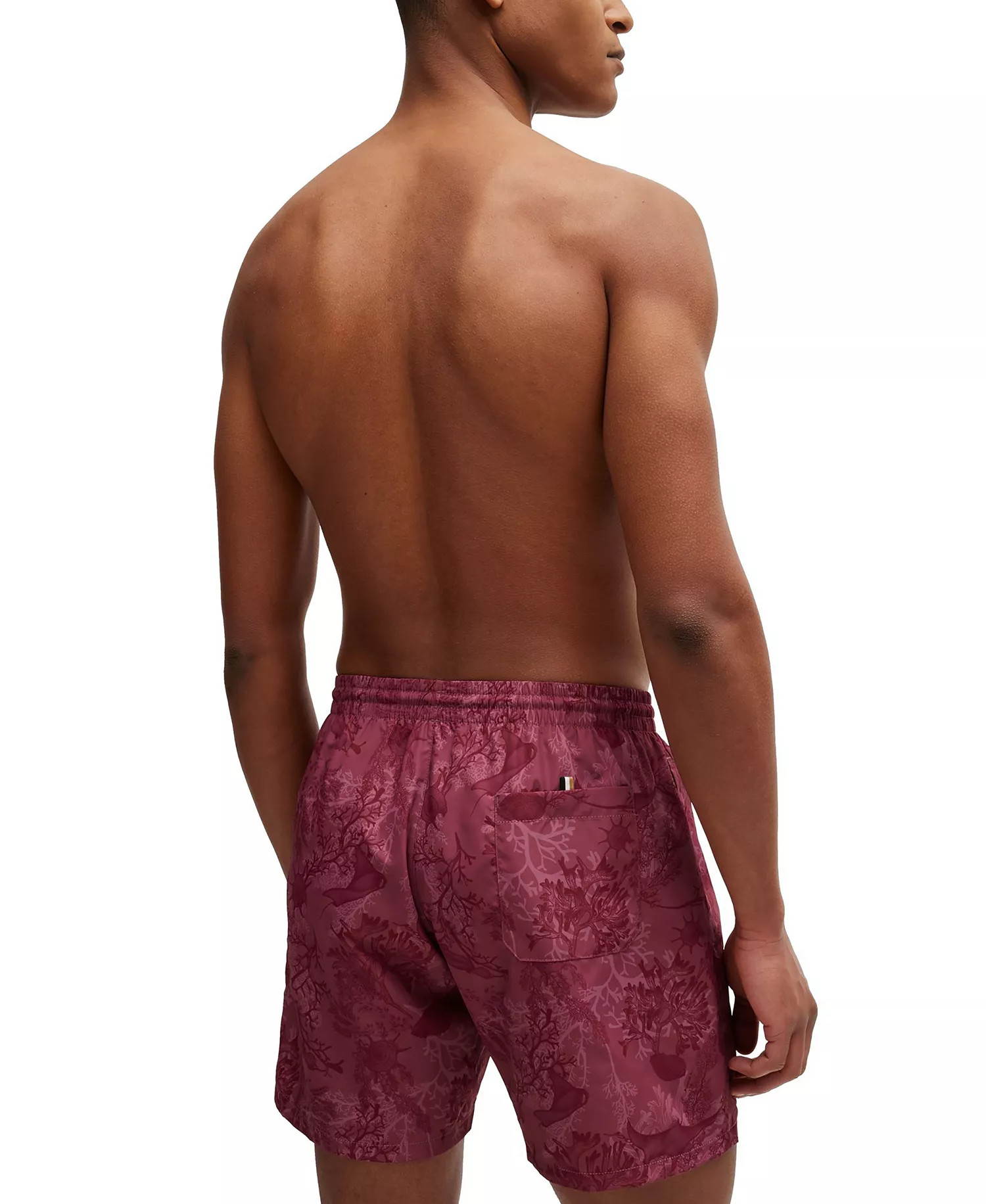 Men's Seasonal Print Logo-Badge Swim Shorts - Open Red - L