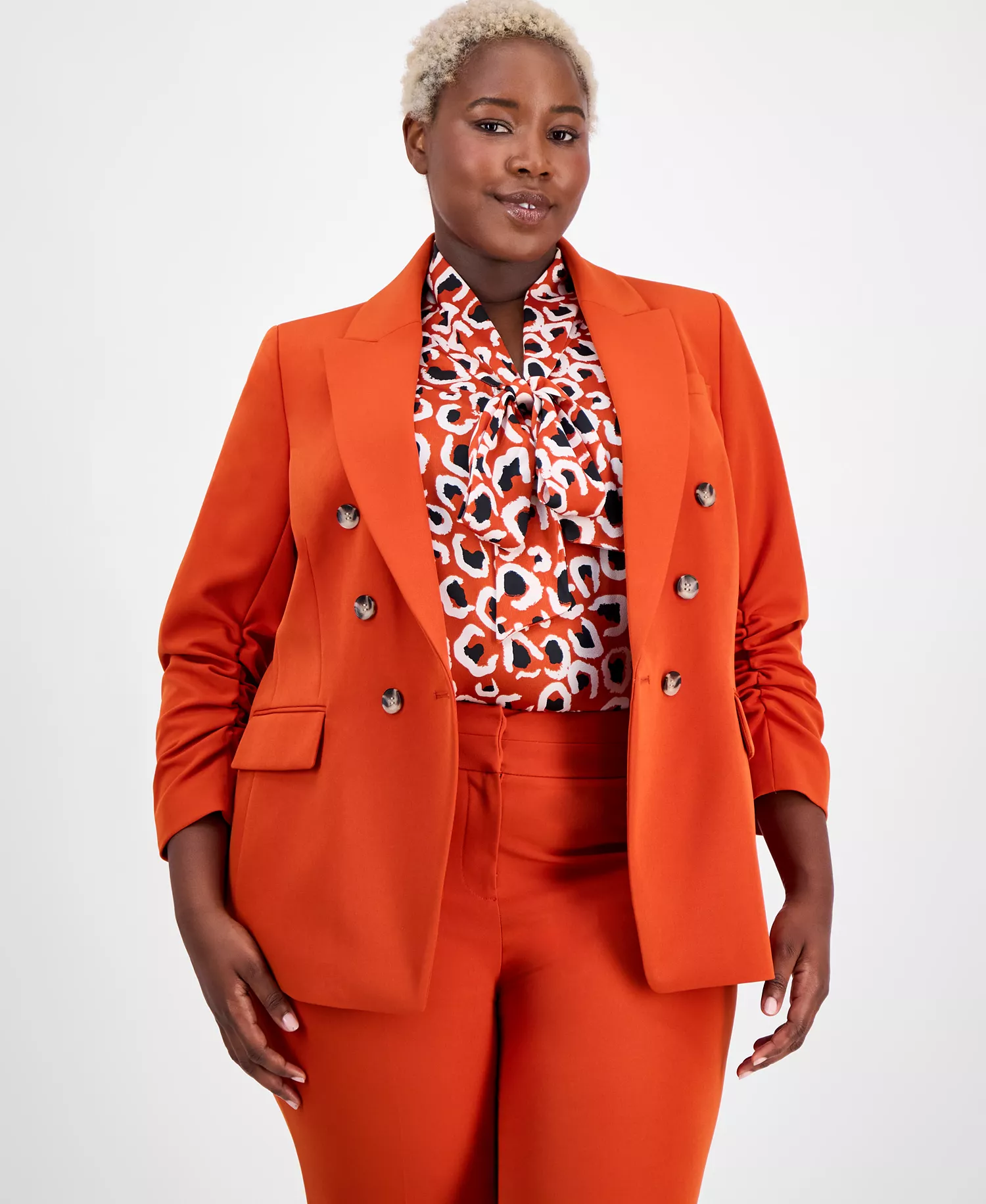 Plus Size Double-Breasted Ruched-Sleeve Jacket - Persimmon - 14W