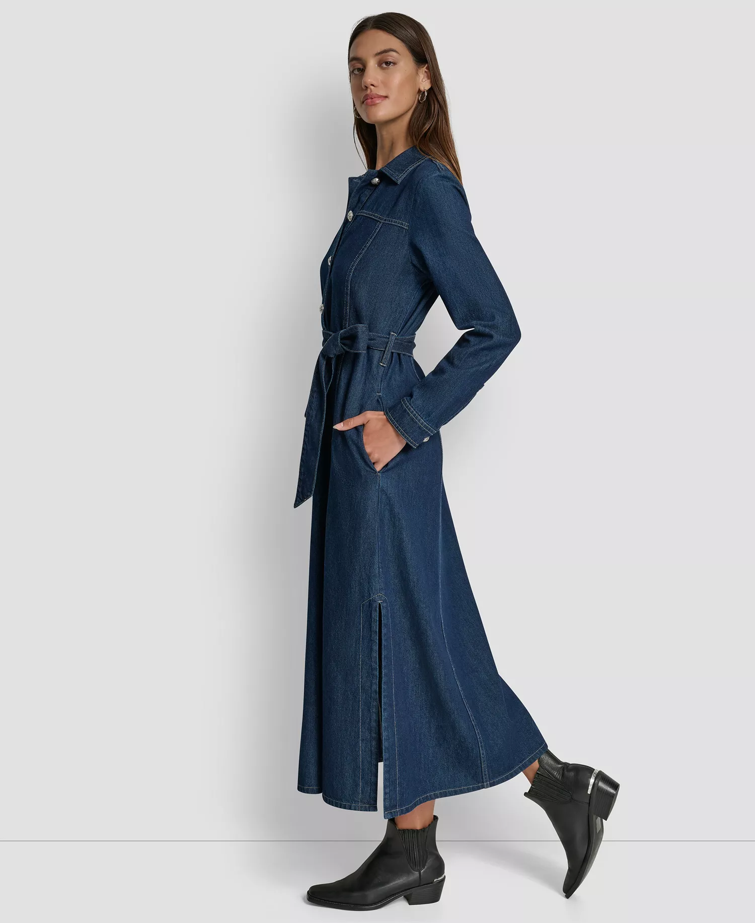 Women's Self-Belted A-Line Shirt Dress - Carmine Wash - L