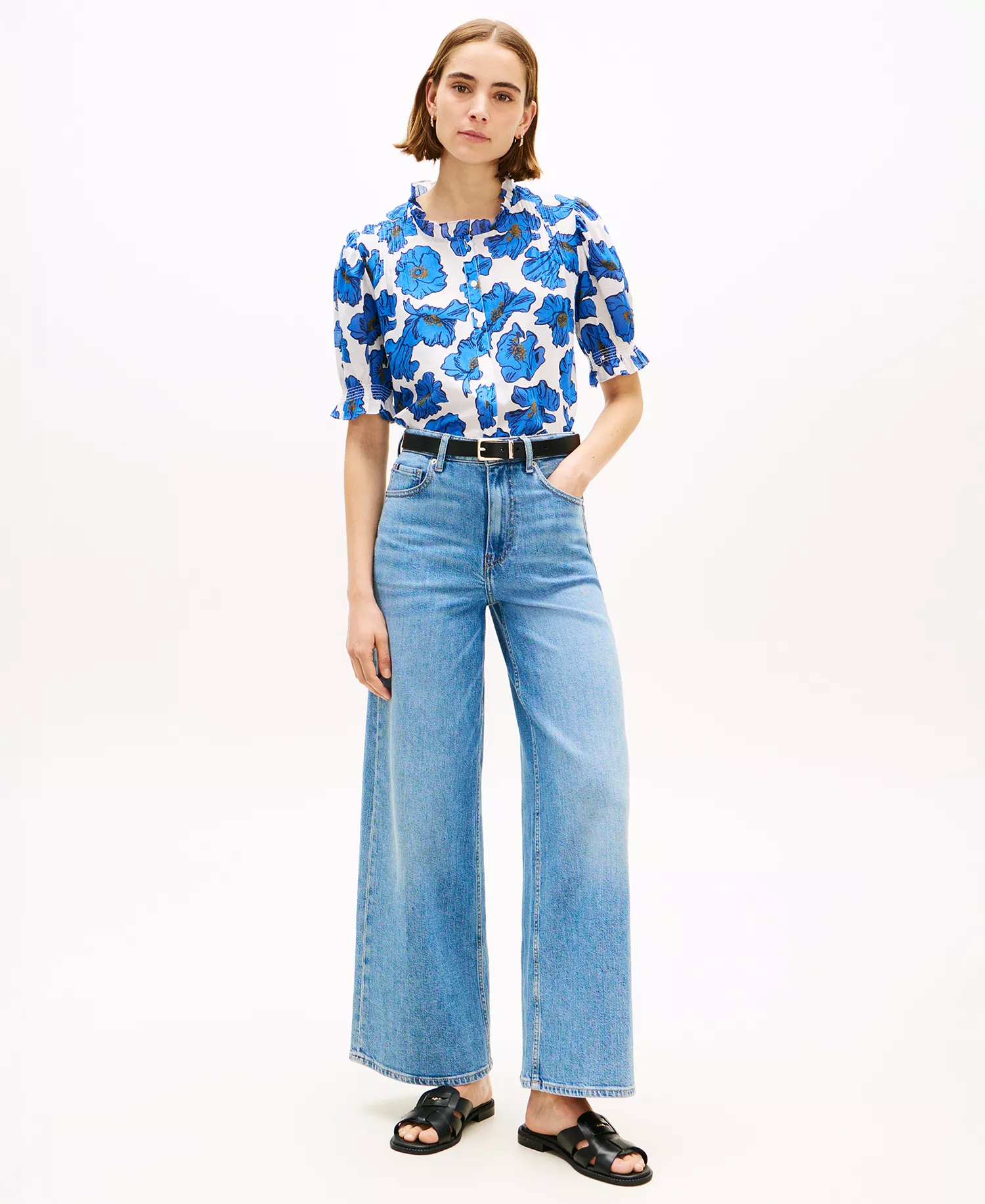 Women's Pin Tuck Cambric Short-Sleeve Blouse Top - Blue - L