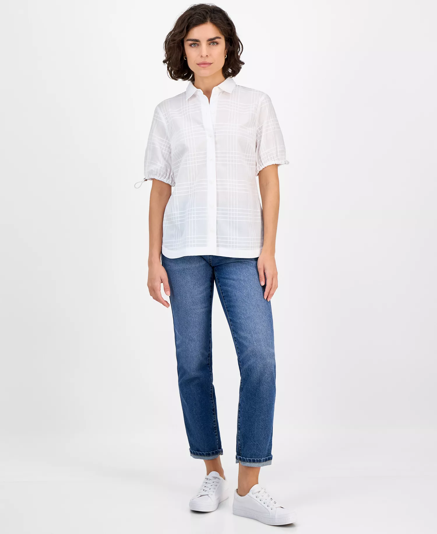 Nautica Women's Windowpane Bungee-Sleeve Camp Shirt - Bright White - L