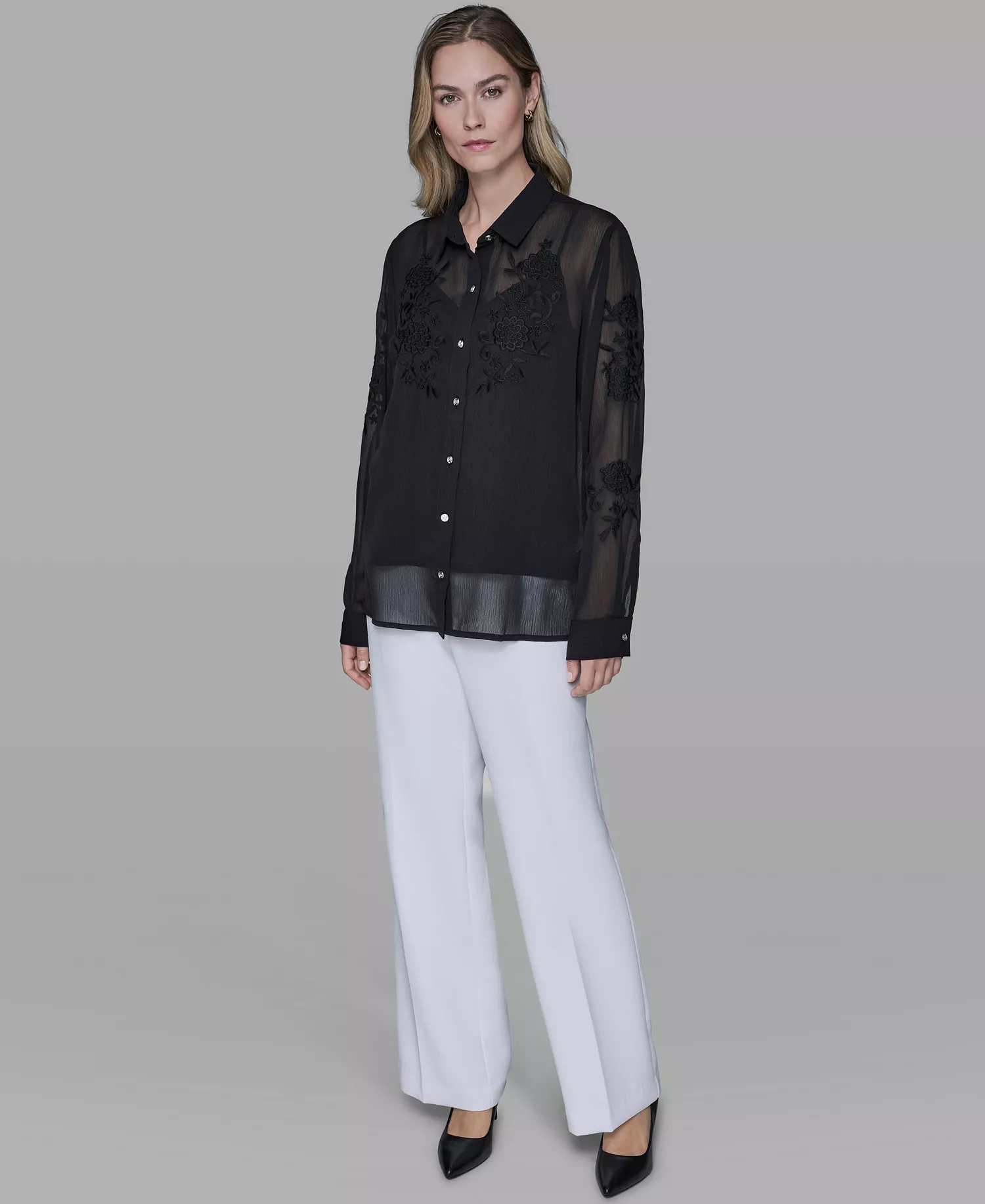 Women's Long-Sleeve Embroidered Flower Blouse - Black - L