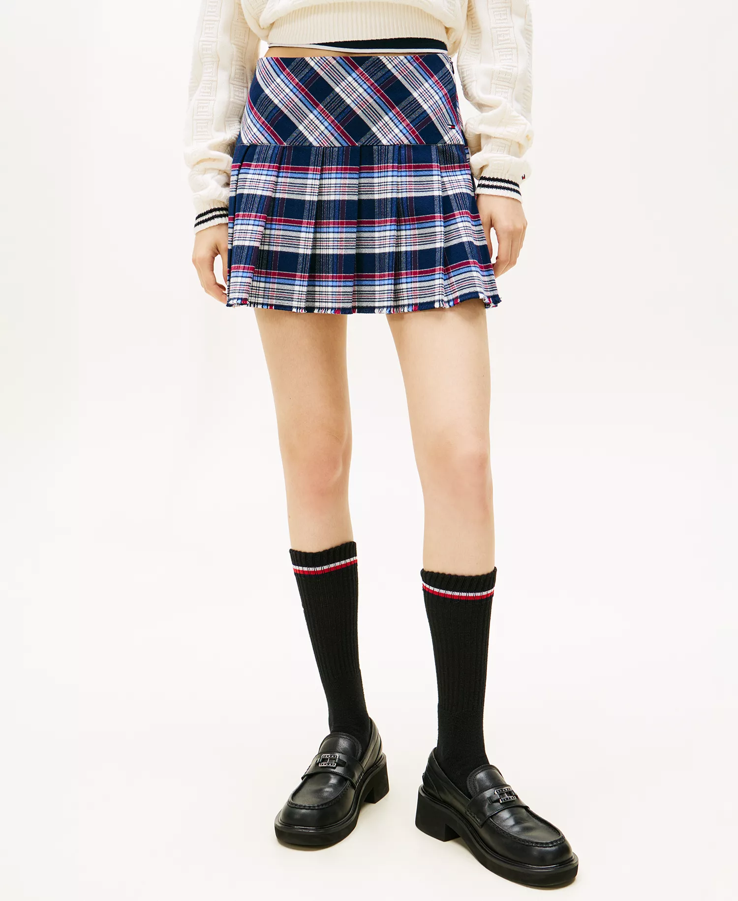 Women's Plaid Structured Pleated Mini Skirt - Navy Tartan - L