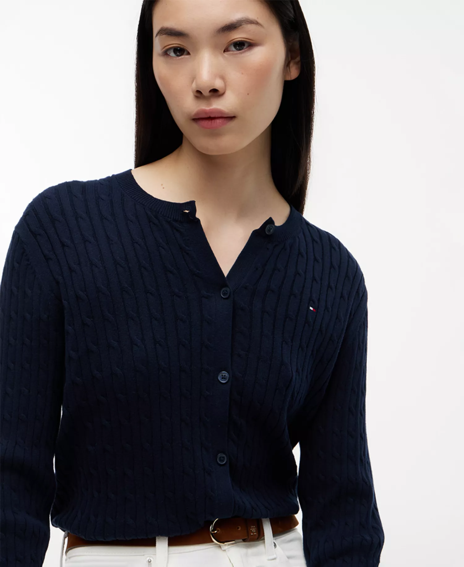 Women's Cable Knit Crew Neck Cardigan Sweater - Dark Night Navy - L