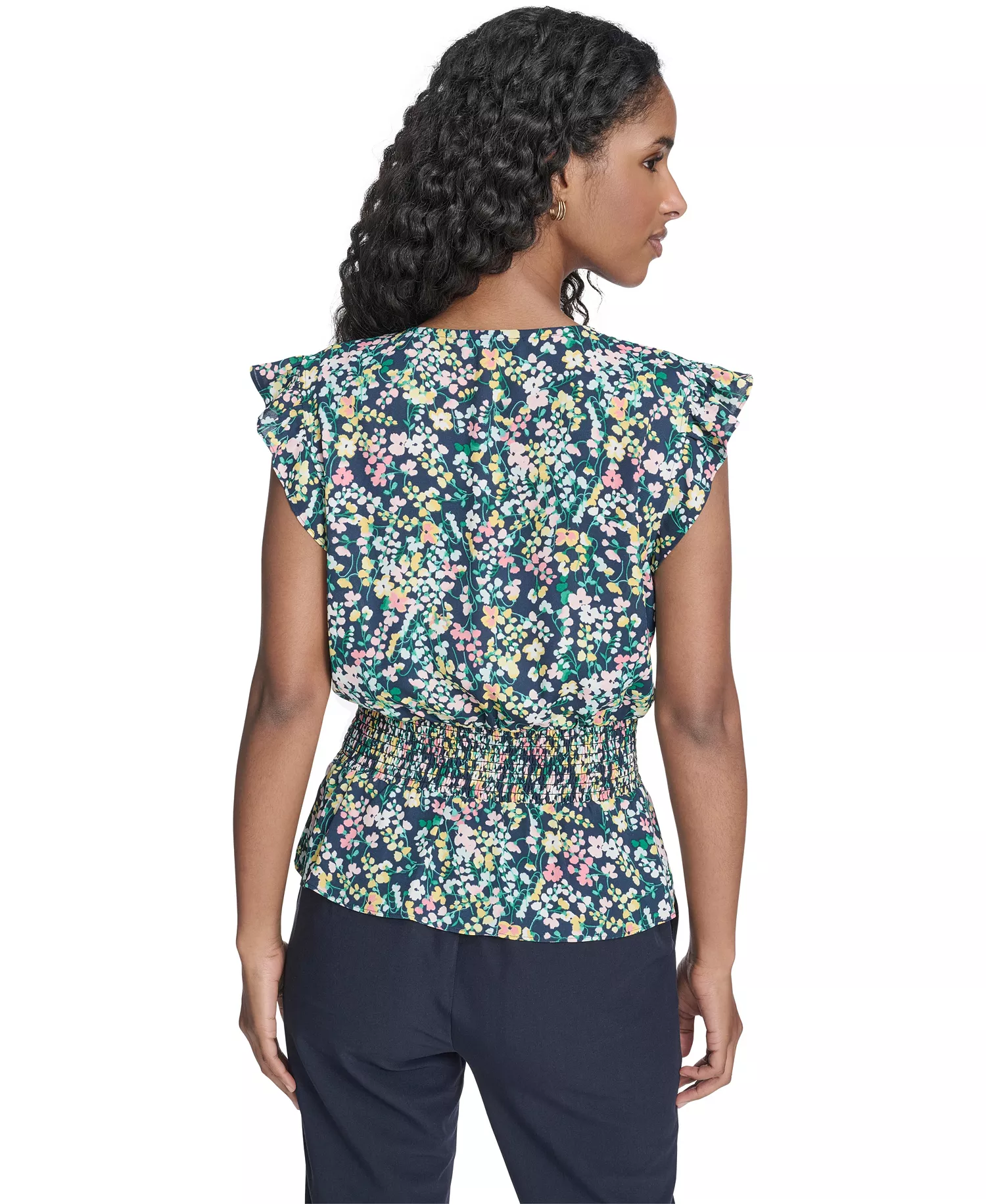 Women's Floral Smocked Peplum Top - Mdingiht Multi - L