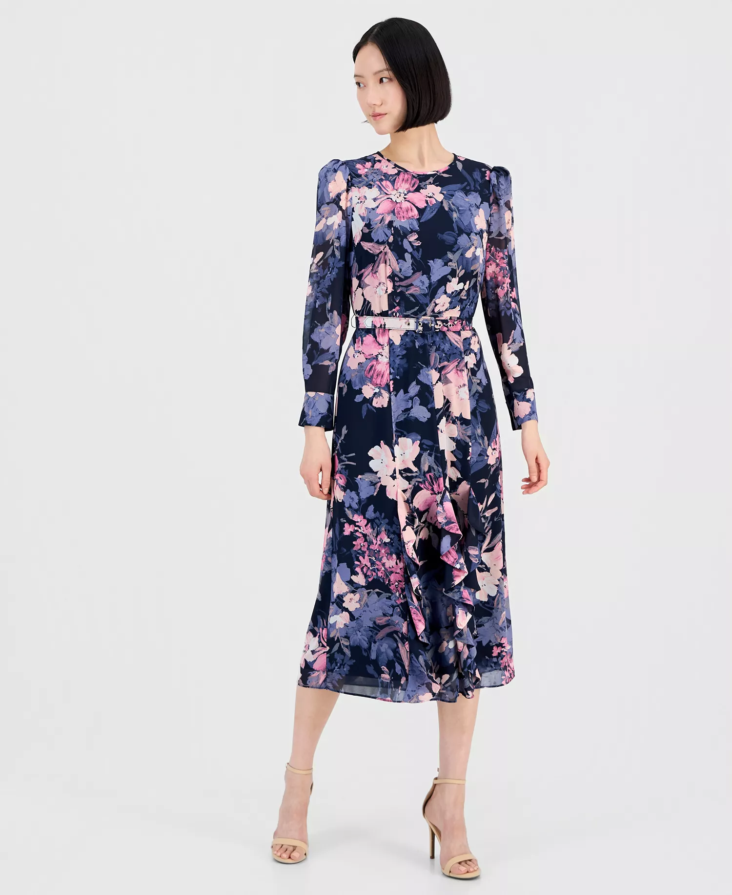 Women's Floral Long-Sleeve Ruffled Dress - Navy Peri Floral - 10