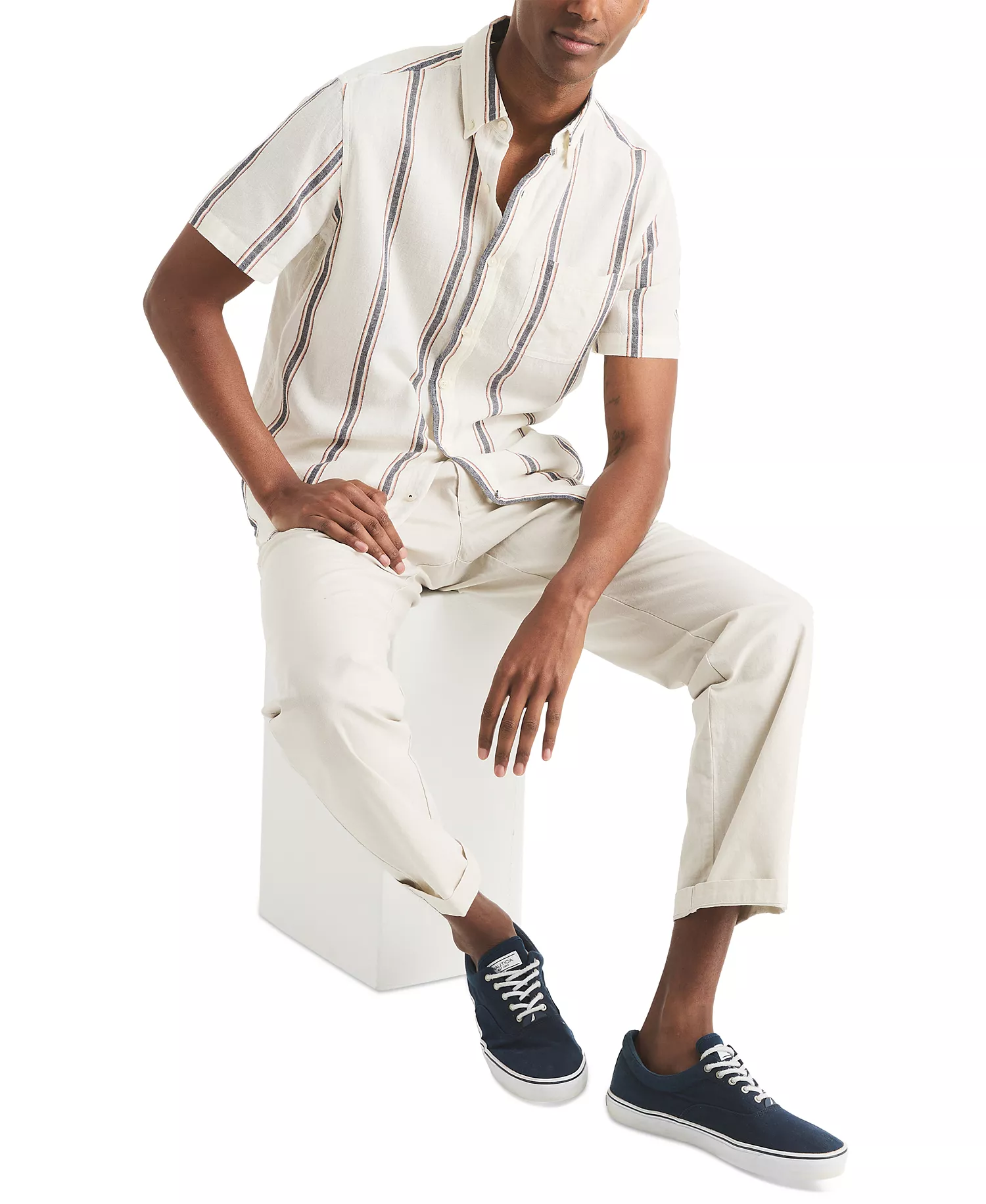 Men's Short Sleeve Striped Button-Down Shirt - Sail White - L