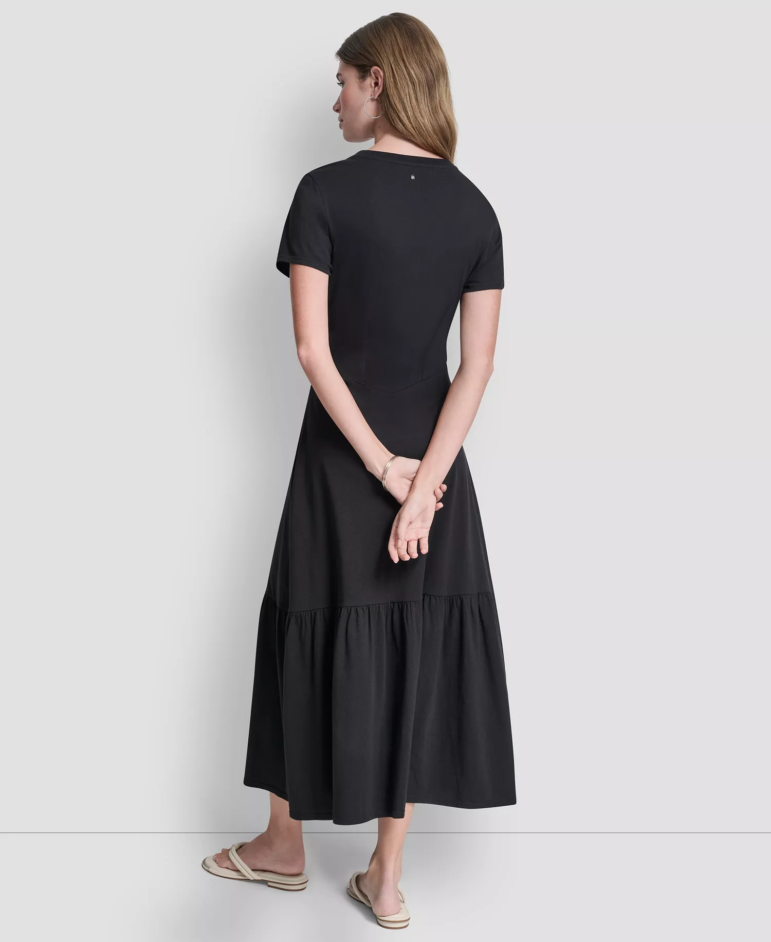 Women's Ruched Bodice Crew Neck Tier Long Dress - Black - L