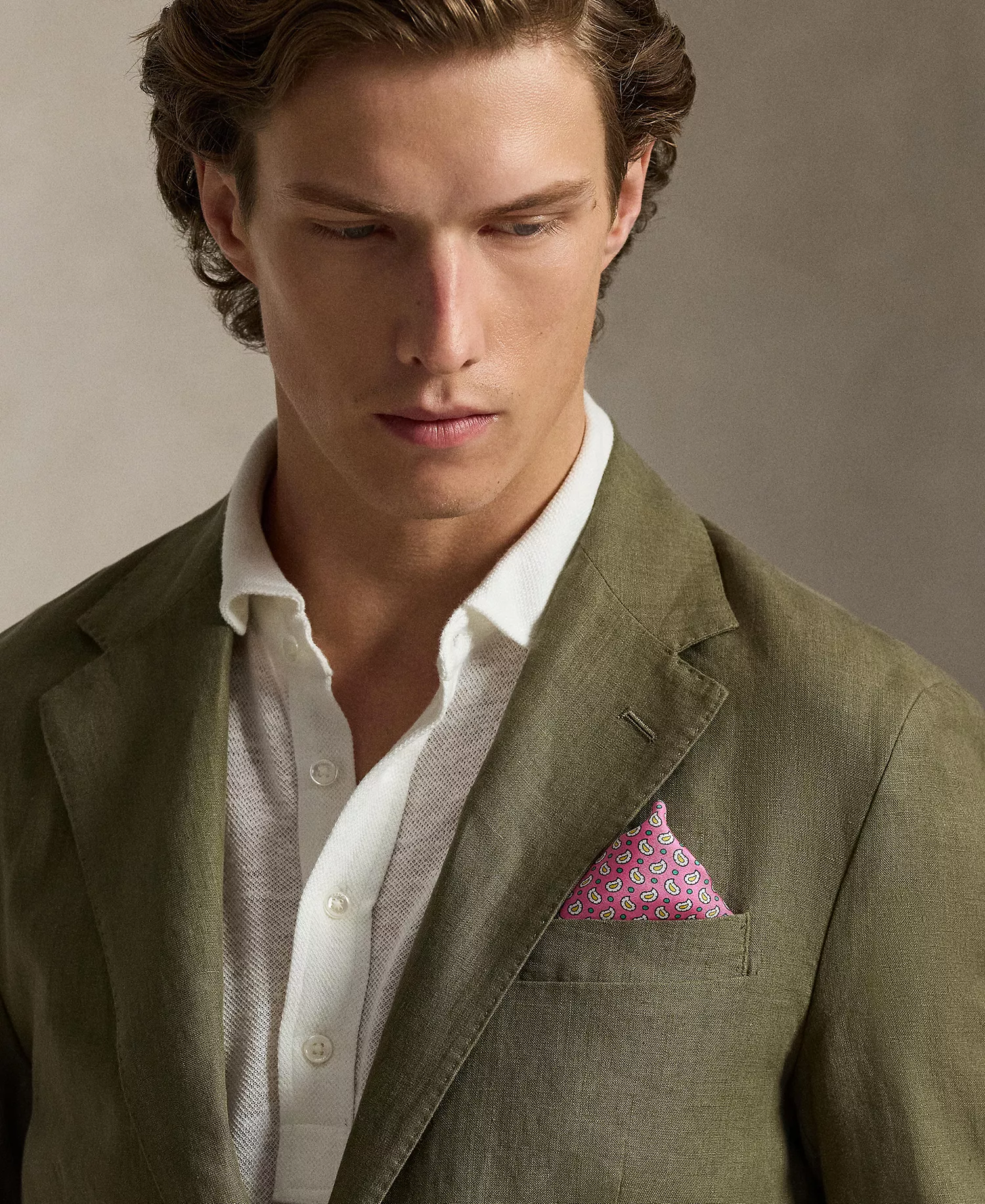 Men's Polo Soft Modern Linen Suit Jacket - Basic  Olive - 38