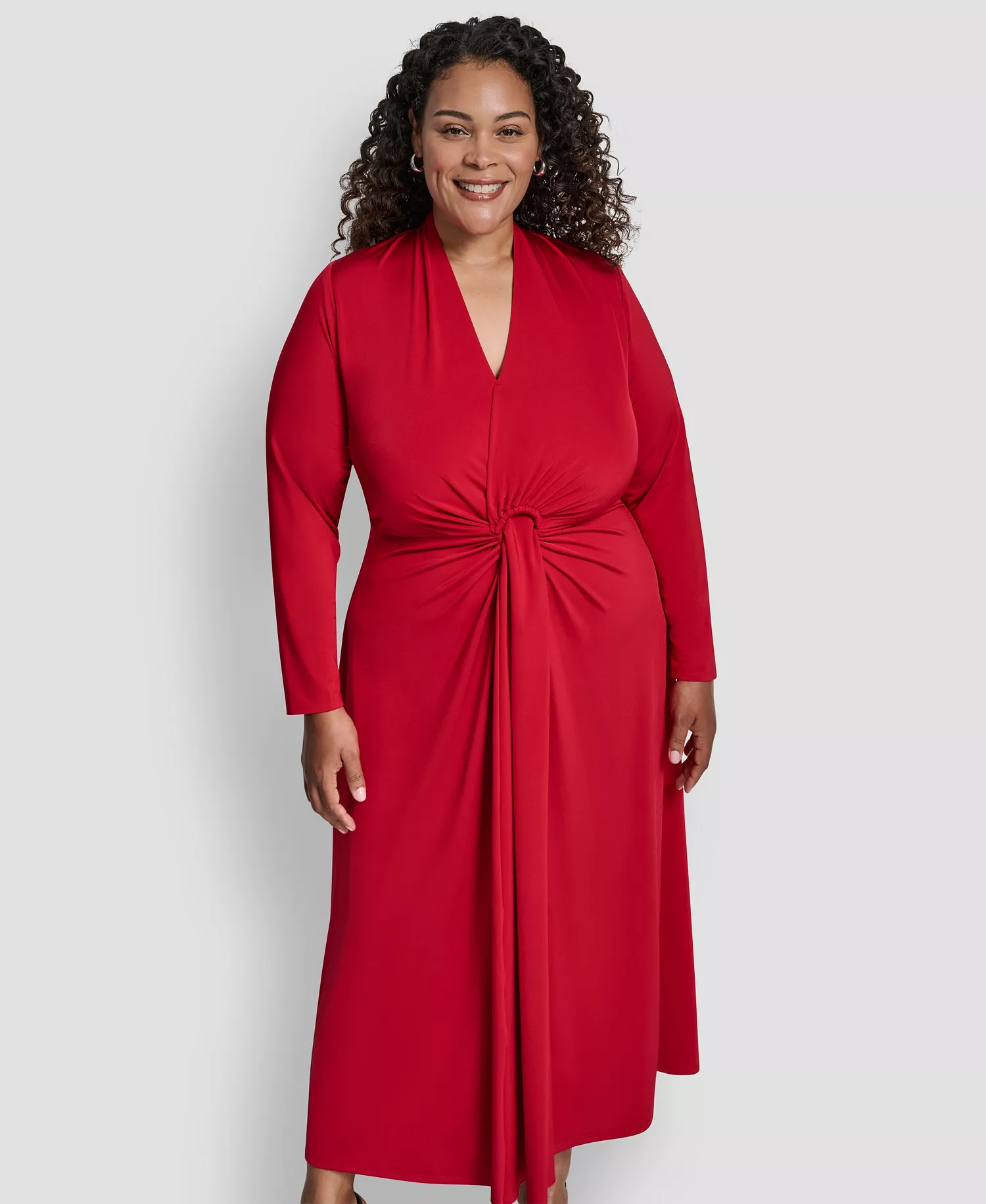 Plus Size Long Sleeve O-Ring Maxi Dress - Red - 14W