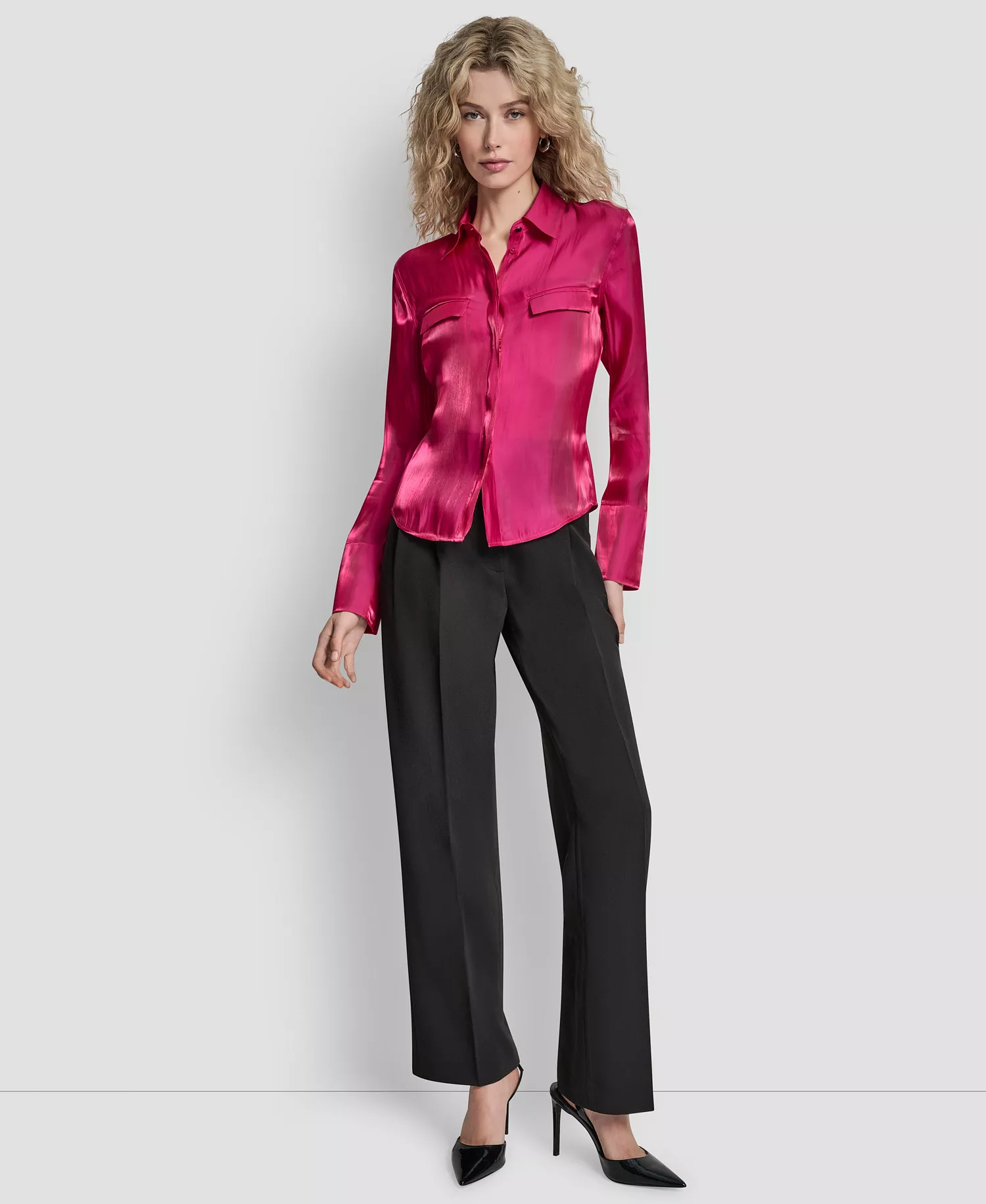 Women's Single Button Long Sleeve Blazer, Printed Long Sleeve Top and Pintuck Fit and Flare Trousers - Fuchsia - M