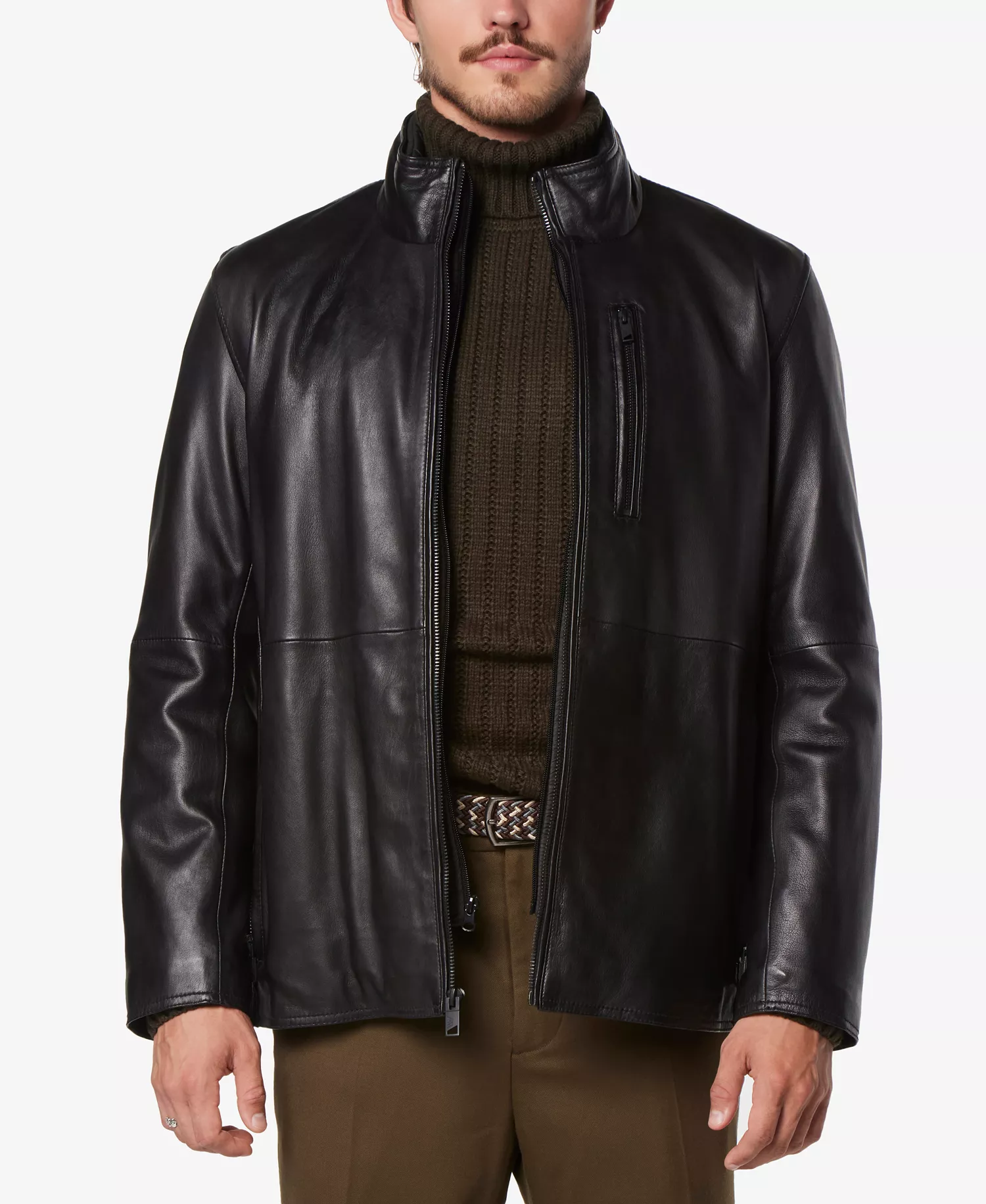 Men's Wollman Smooth Leather Racer Jacket with Removable Interior Bib - Black - S