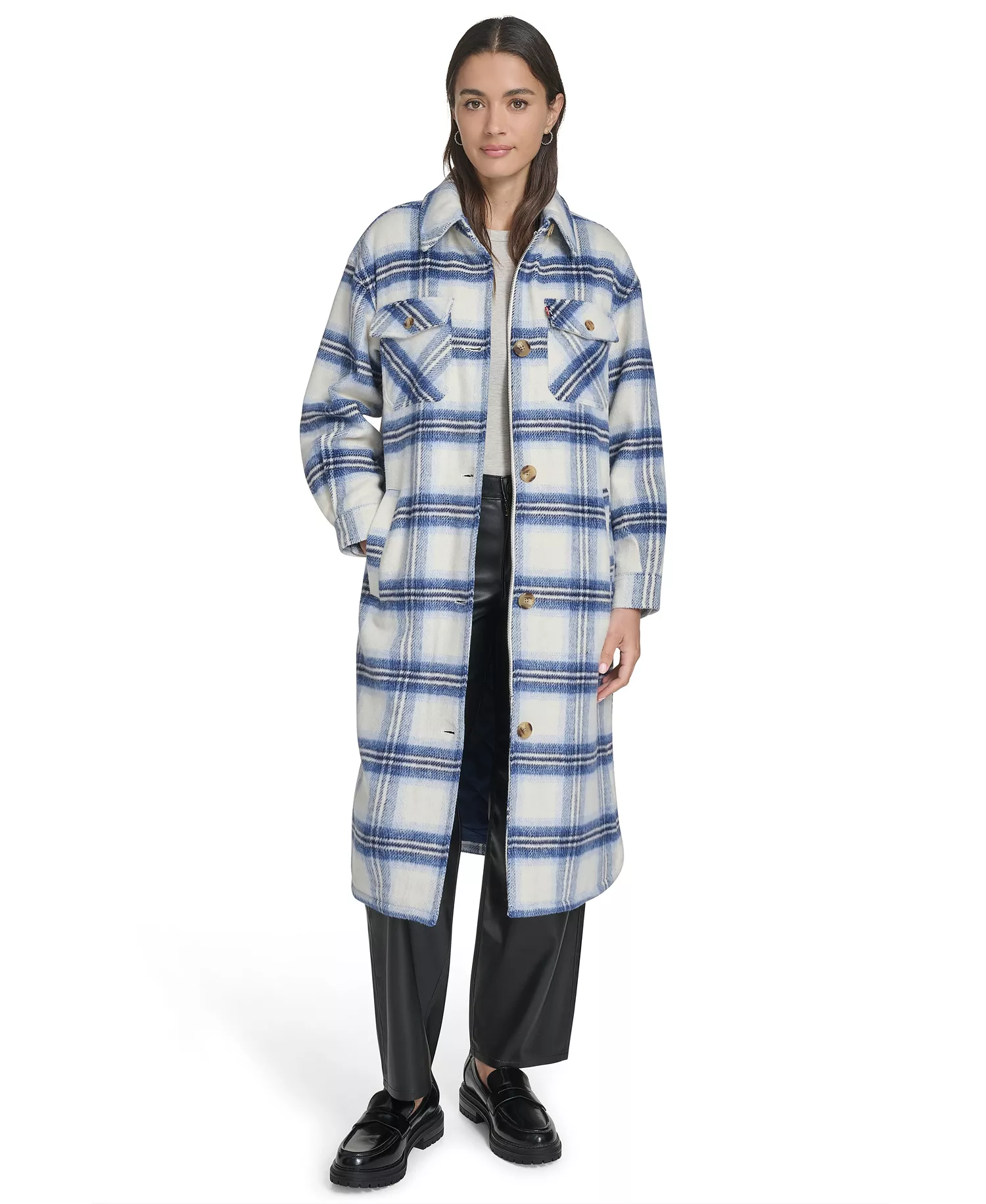 Women's Regular Long Wool Blend Plaid Coat - Blue/Cream - L