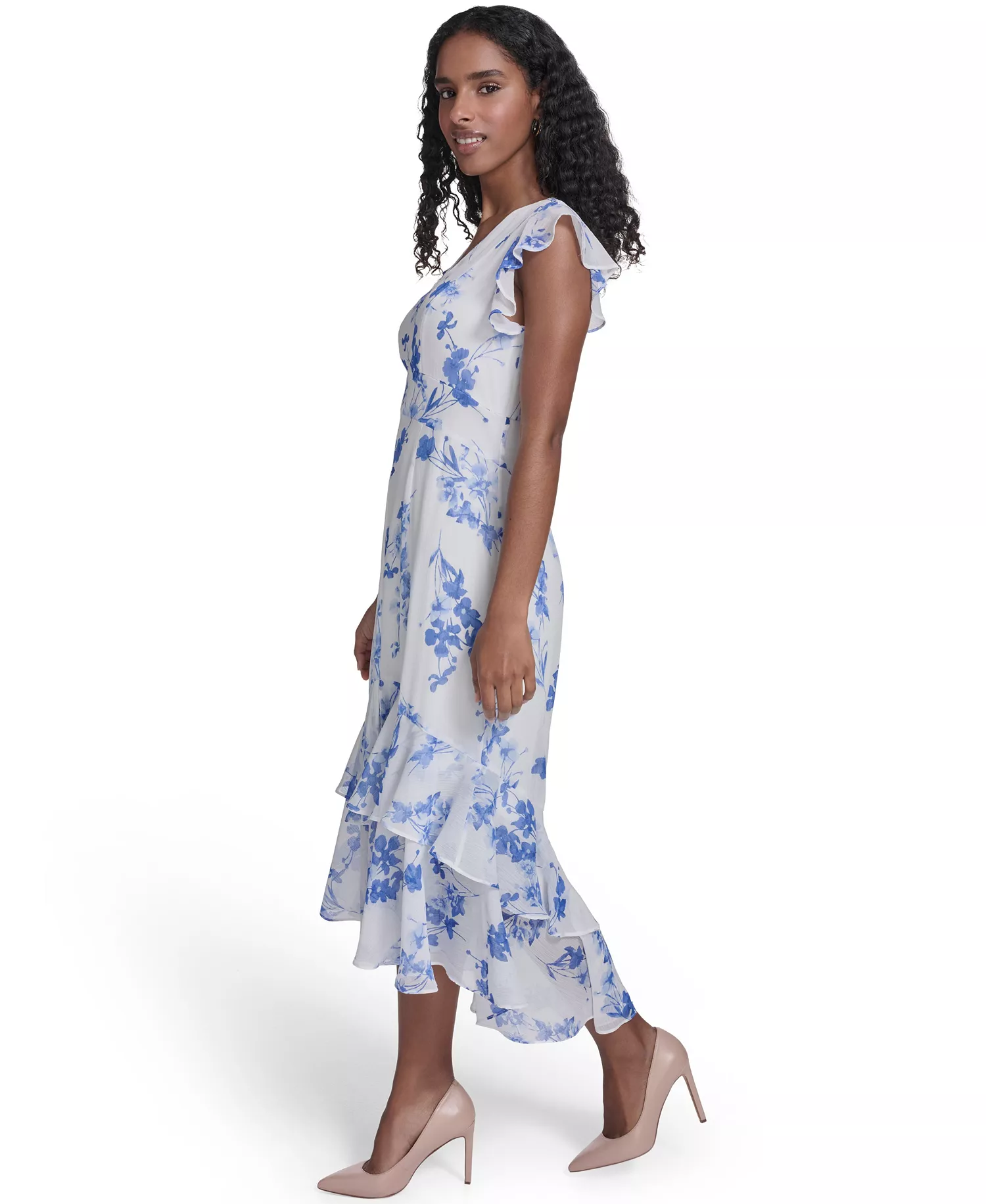 Women's Flutter-Sleeve V-Neck Midi Dress - Ivory/french blue - 10