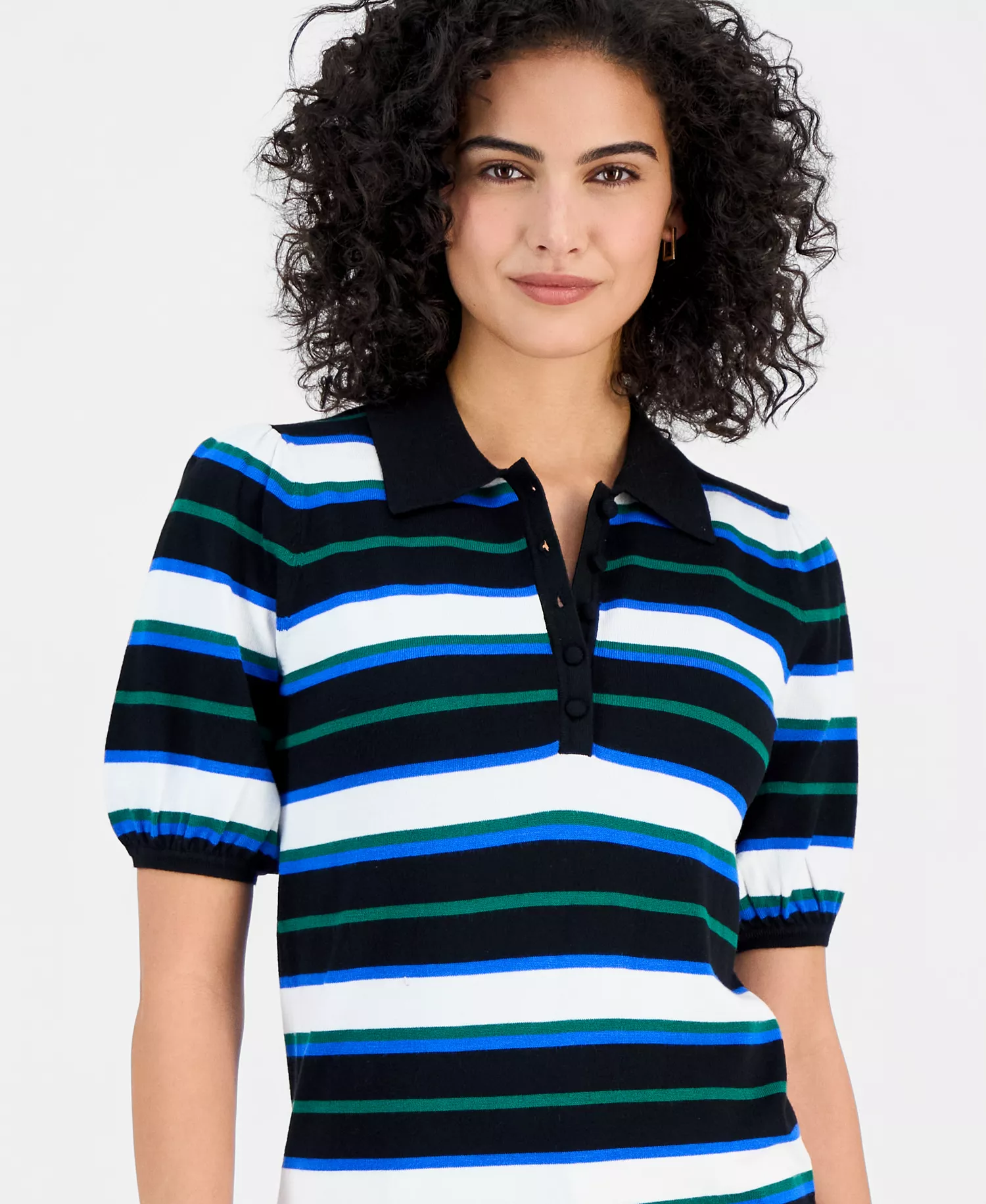 Women's Striped Elbow-Sleeve Polo Shirt - Bk/twlt Sk - L
