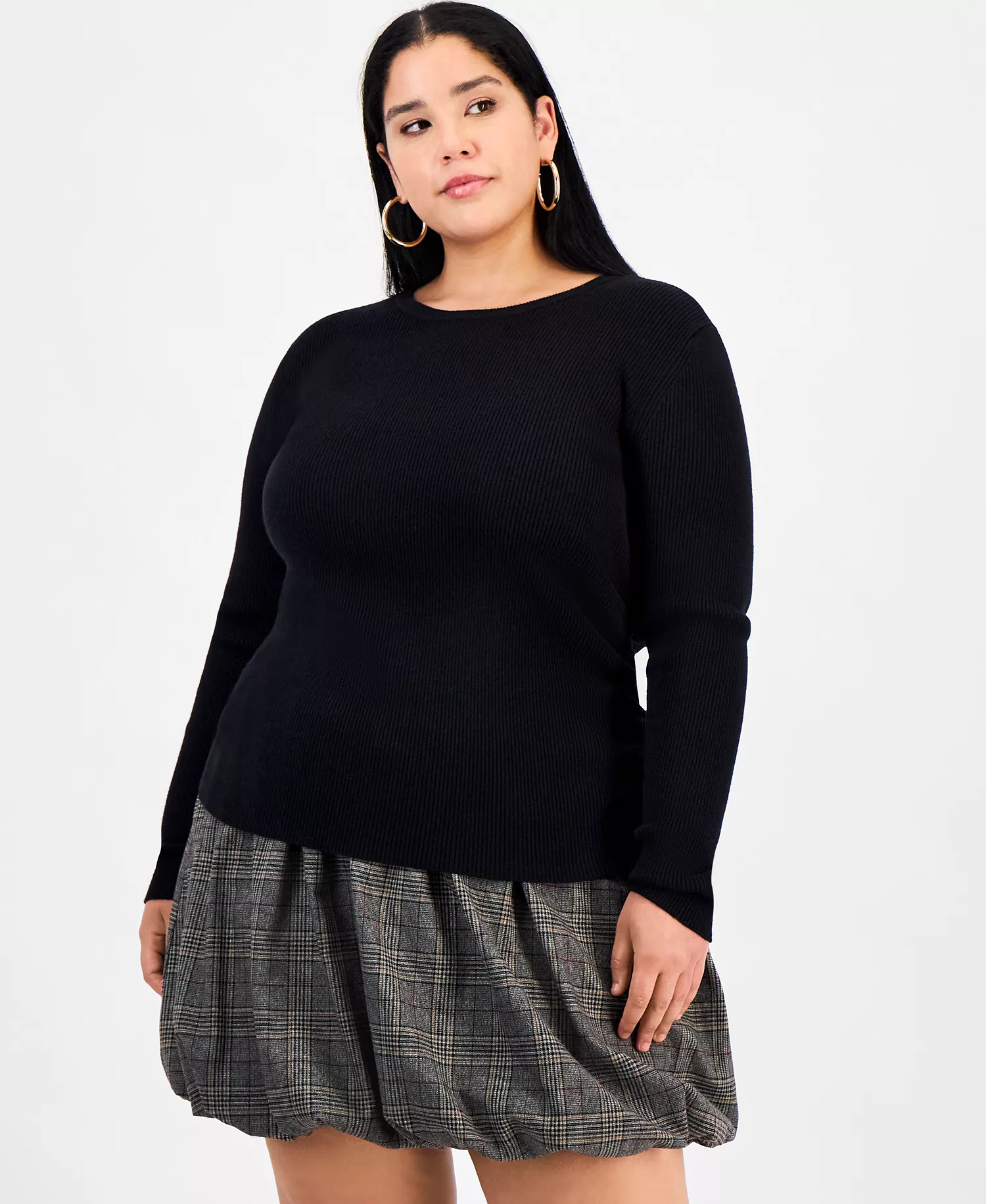 Trendy Plus Size Long Sleeve Ribbed Knit Top, Macy's Exclusive - Black - 0X
