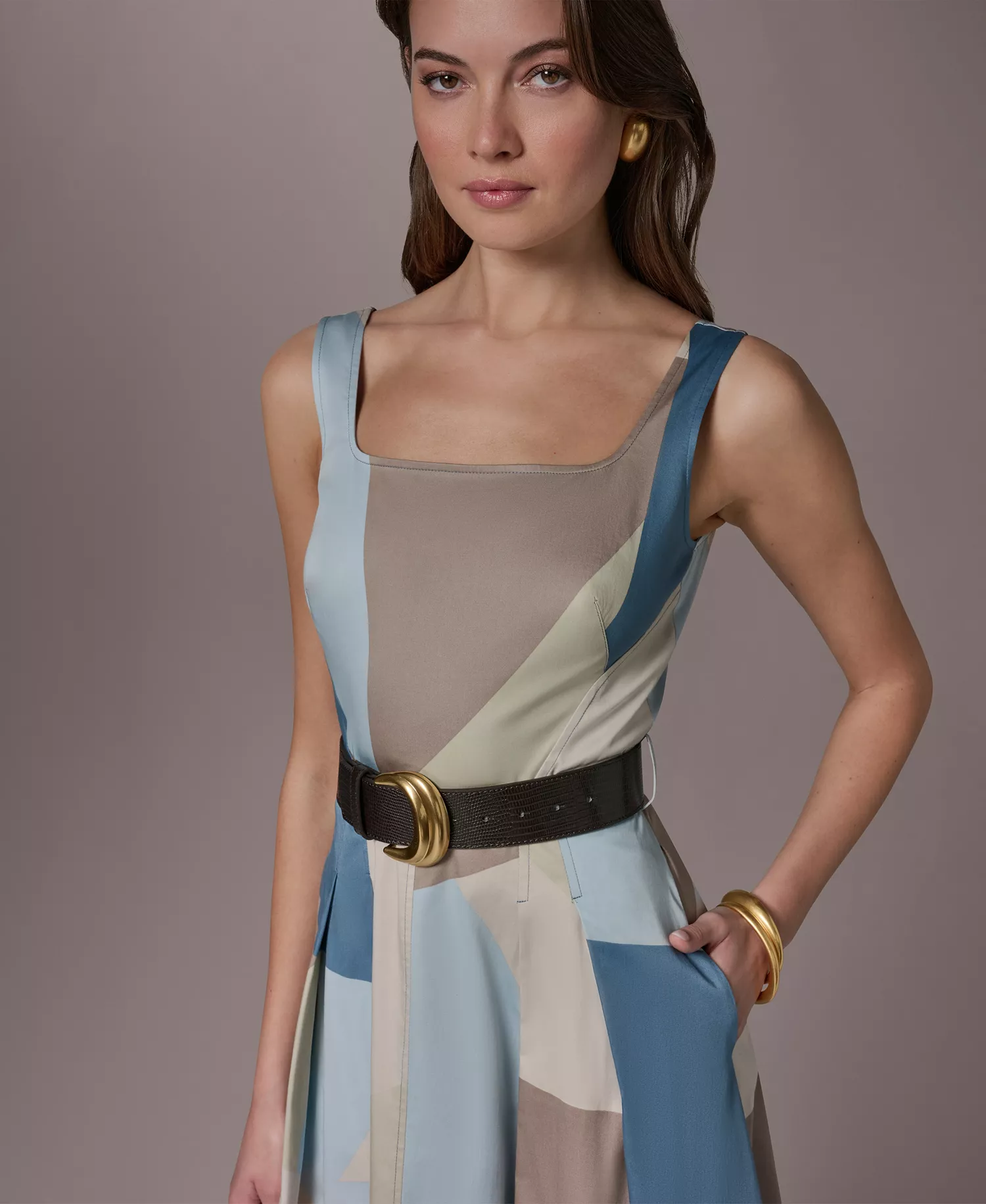 Women's Square Neck Geometric A-Line Maxi Dress - Washed Indigo/Sea Mist Multi - 10