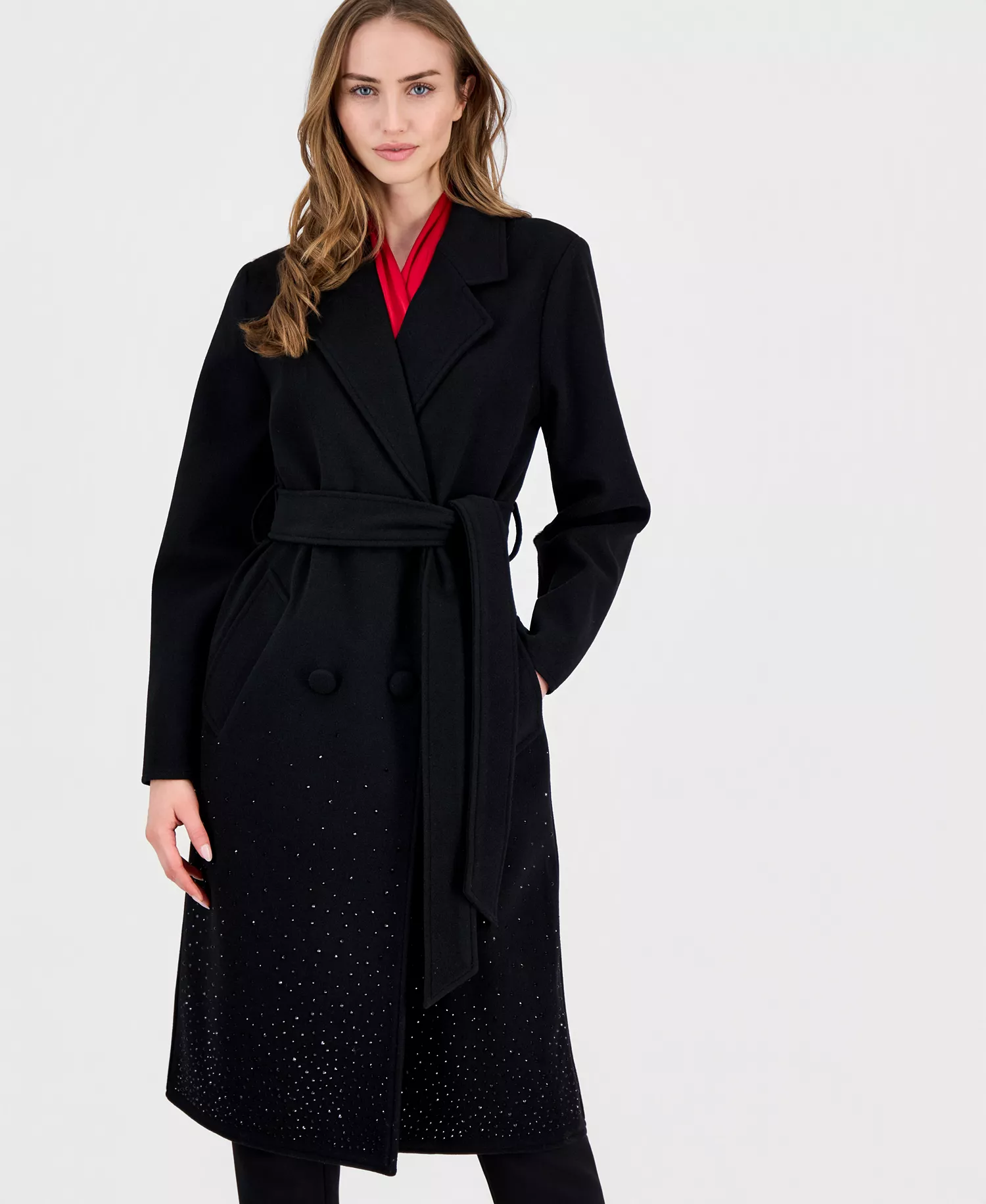 Women's Double-Breasted Embellished Coat  - Black - S
