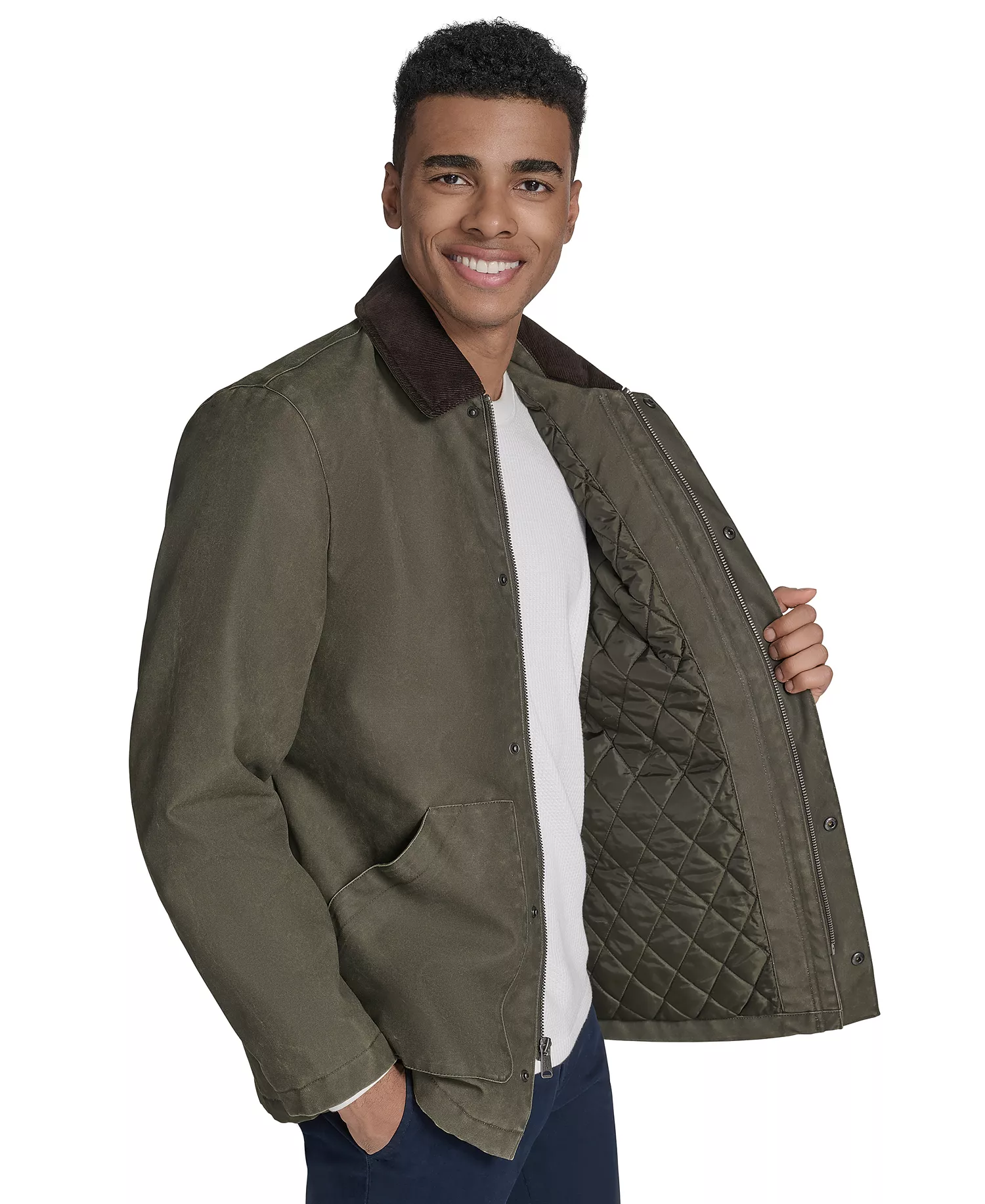 Men's Cotton Barn Coat with Corduroy Collar - Forest Night - L