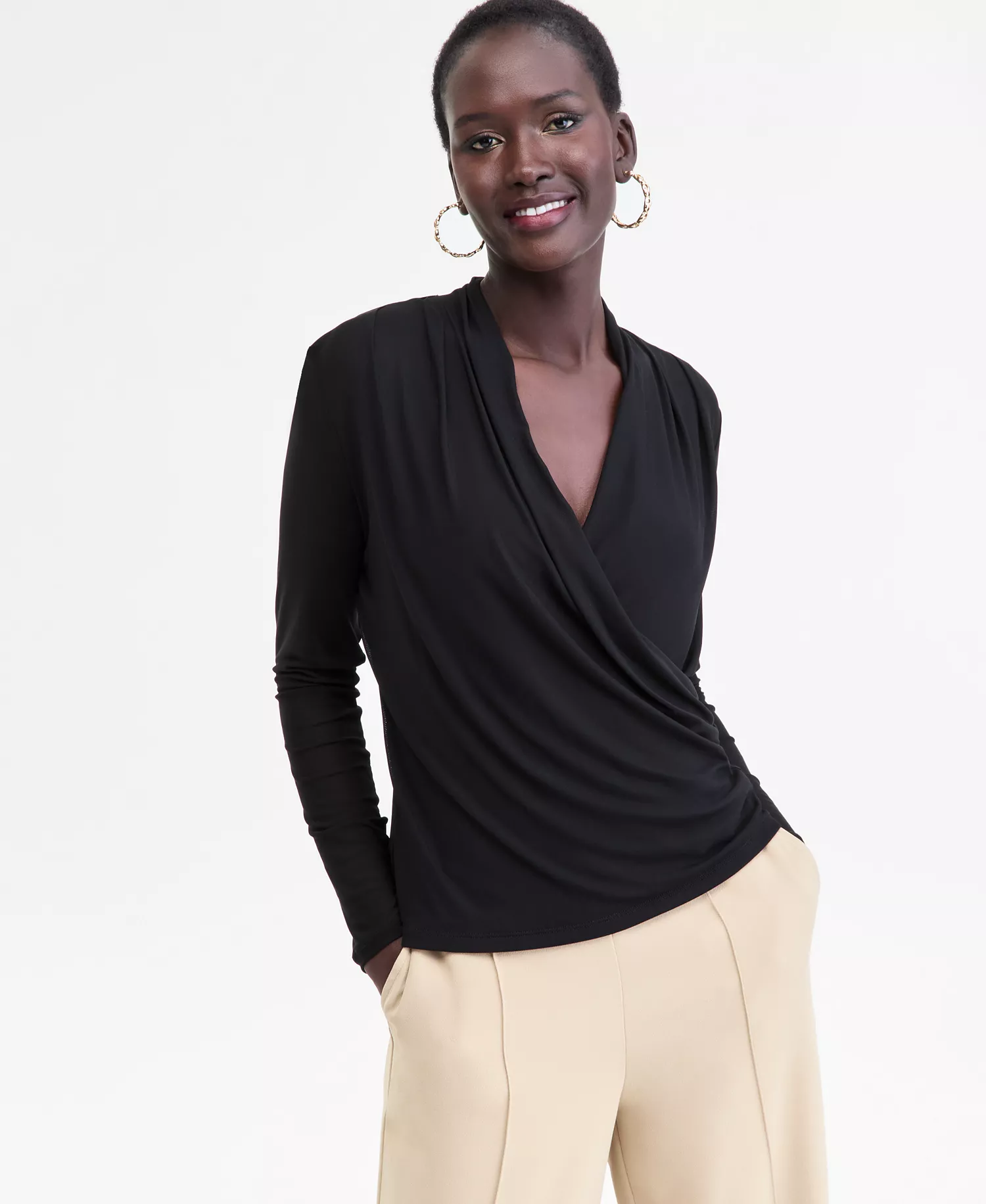 Women's Printed Mesh Surplice-Neck Top, Macy's Exclusive - Deep Black - L