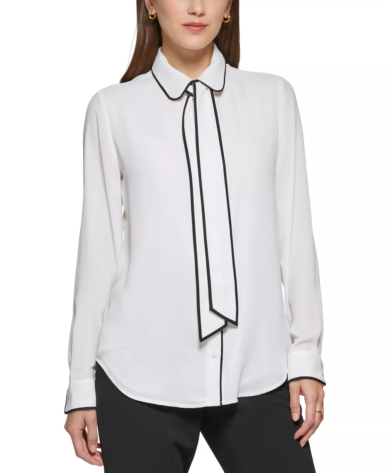 Petite Piped-Trim Button-Up Blouse, Created for Macy's - Linen White/Black - PL