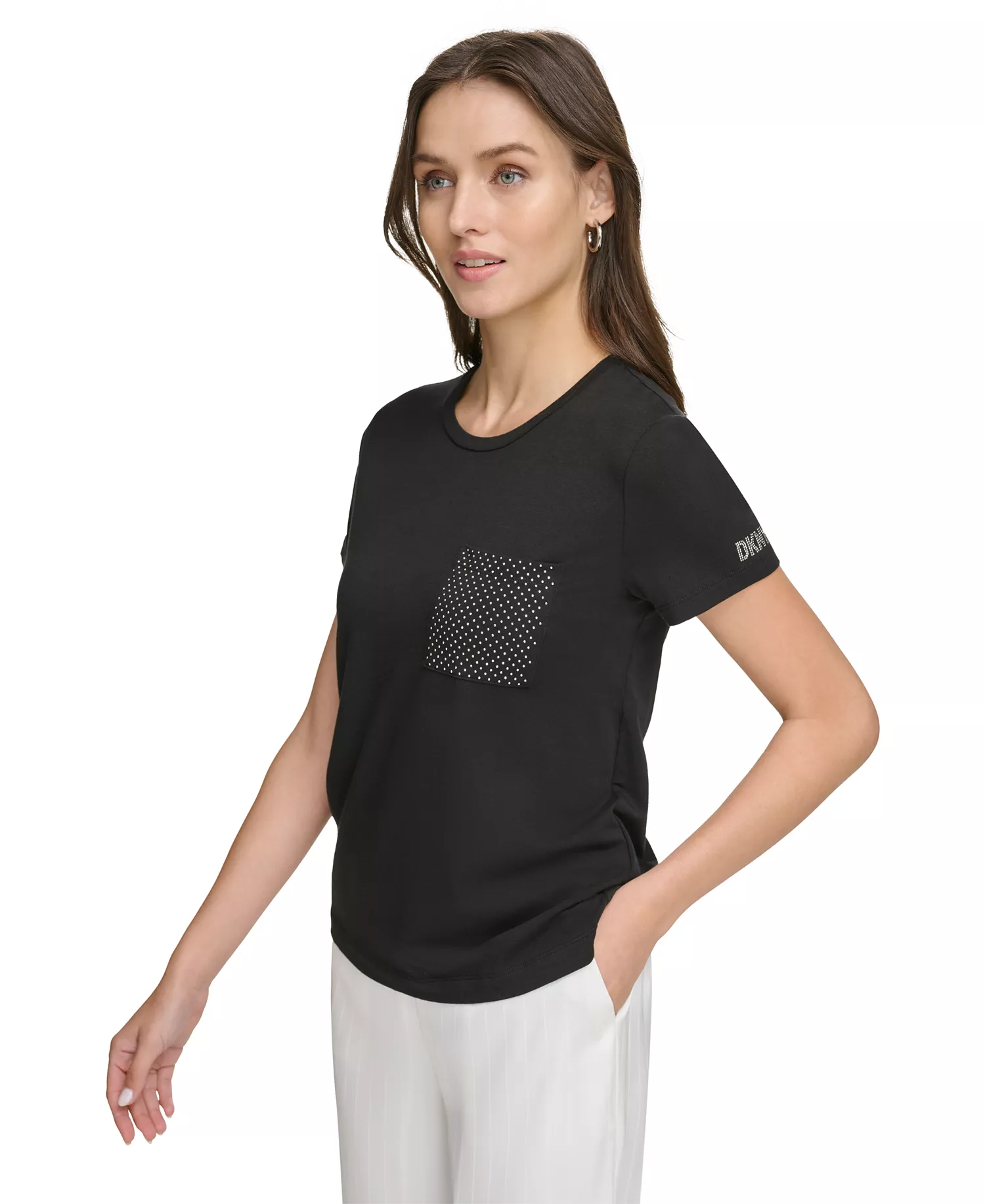 Women's Studded Pocket Short-Sleeve Shirt  - Black - L