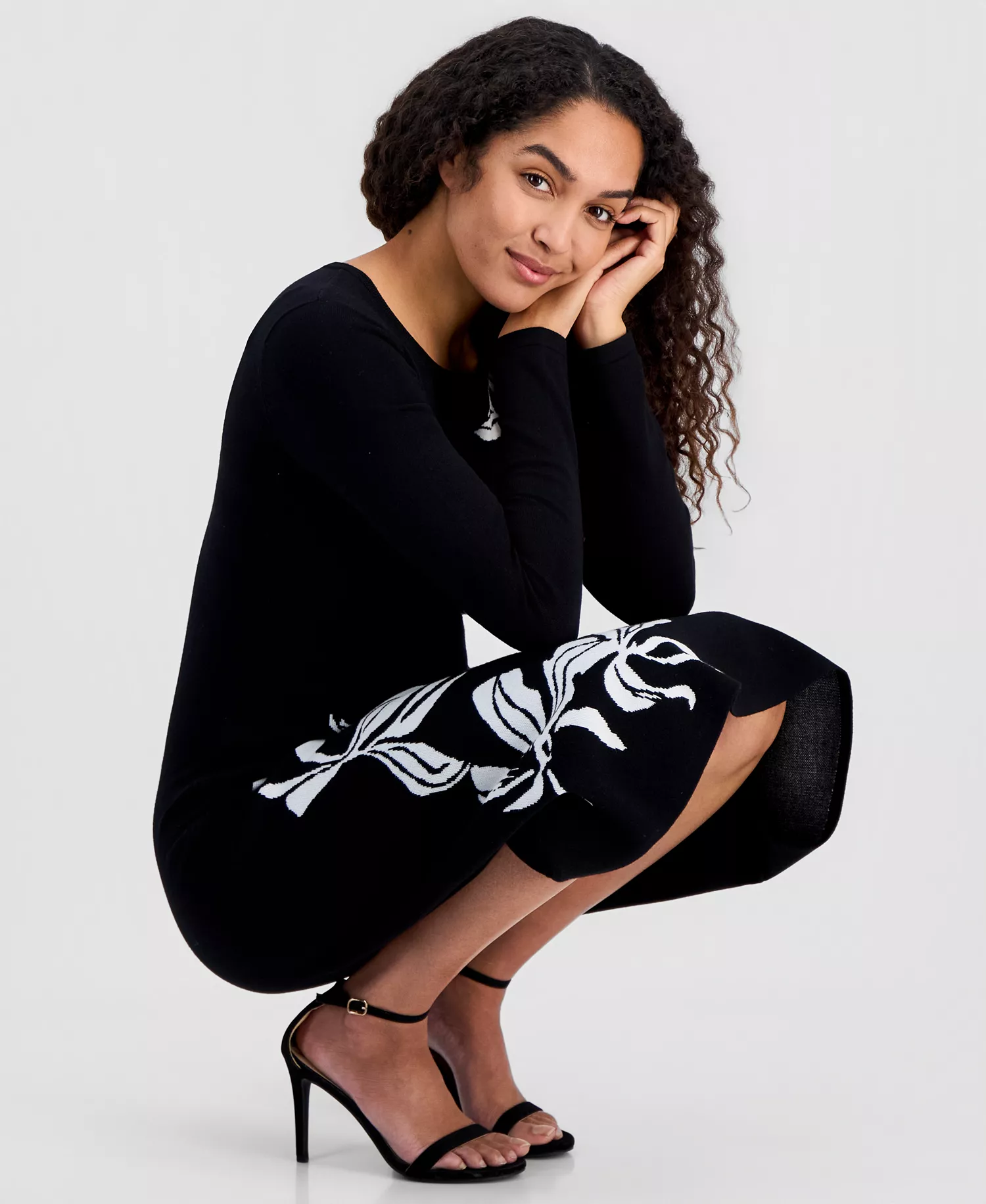 Women's Jacquard Florals Fit & Flare Sweaterdress - Black / White - L