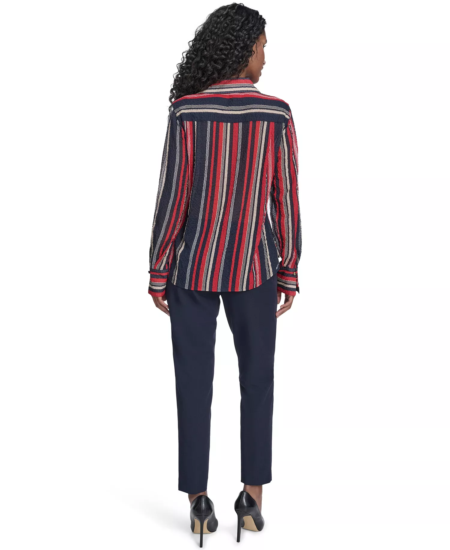 Women's Striped Long Sleeve Pull-On Blouse - Midnight/ Scarlet - L