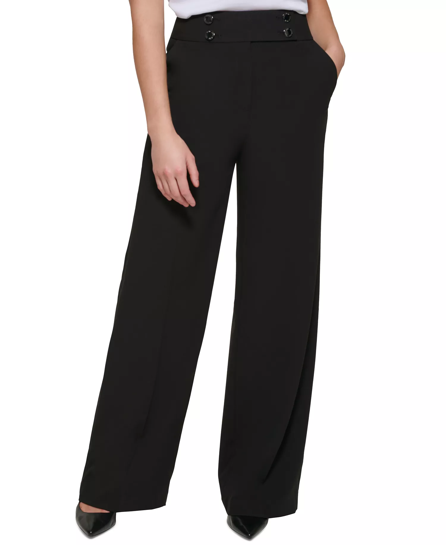 Women's Whitney Button Front Wide Leg Pants - Black - 0