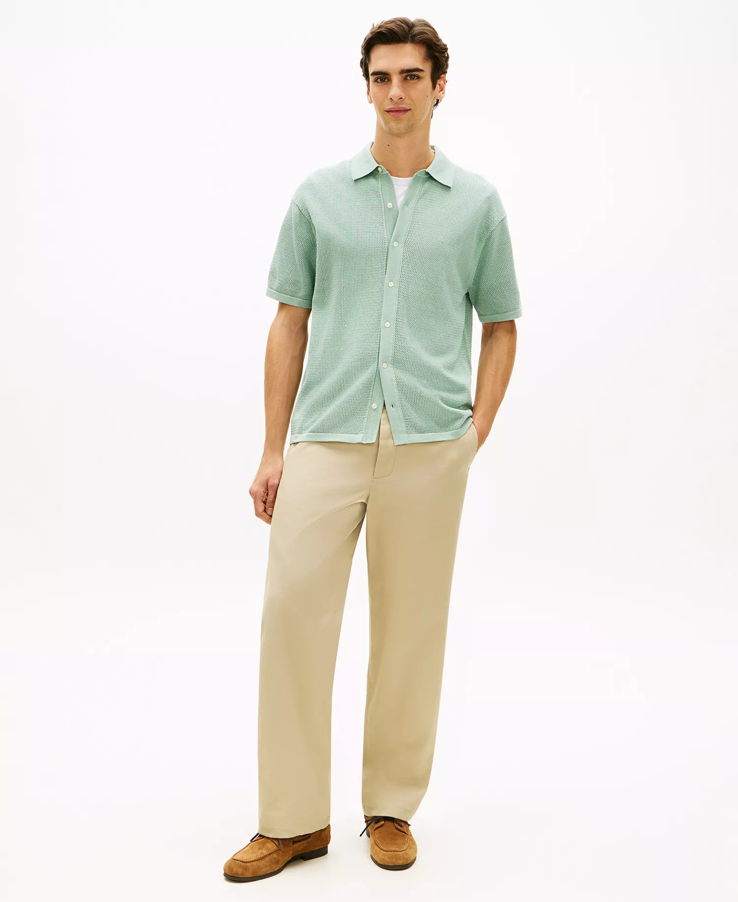 Men's Short-Sleeve Button-Front Cardigan Knit Shirt - Crushed Mint - L