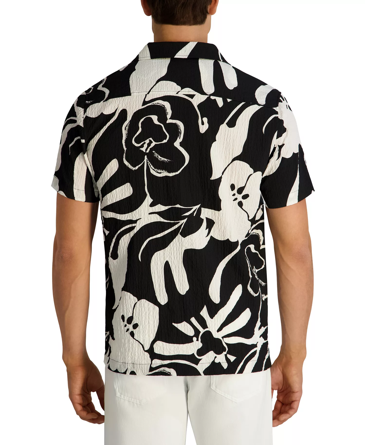 Men's Seersucker Floral Camp Collar Textured Shirt - Black/White - 2XL