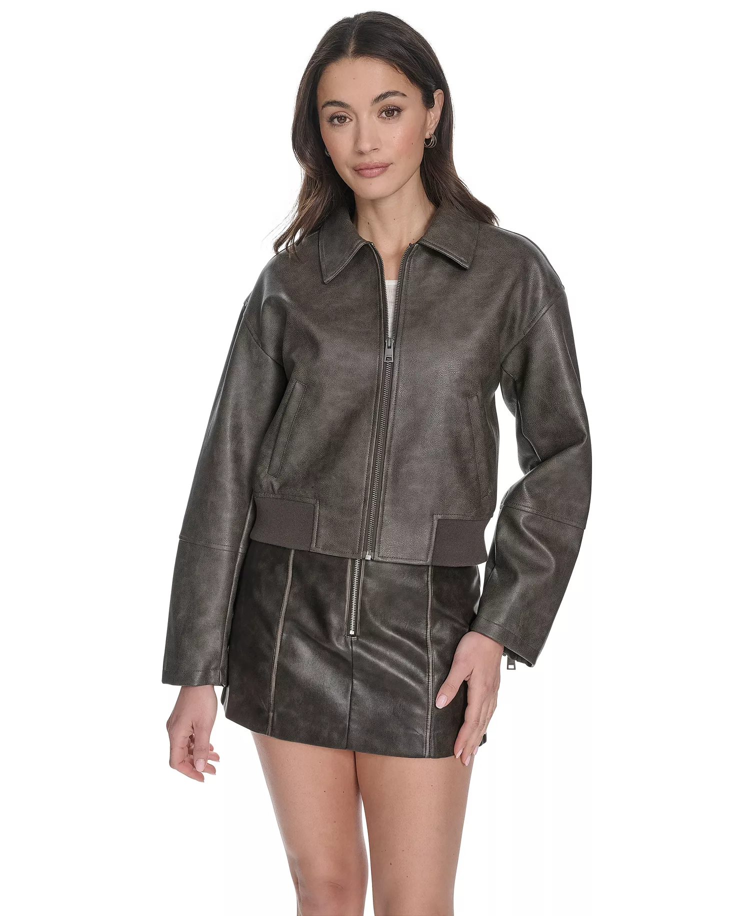Women's Faux Leather Lightweight Bomber Jacket - Ash - L