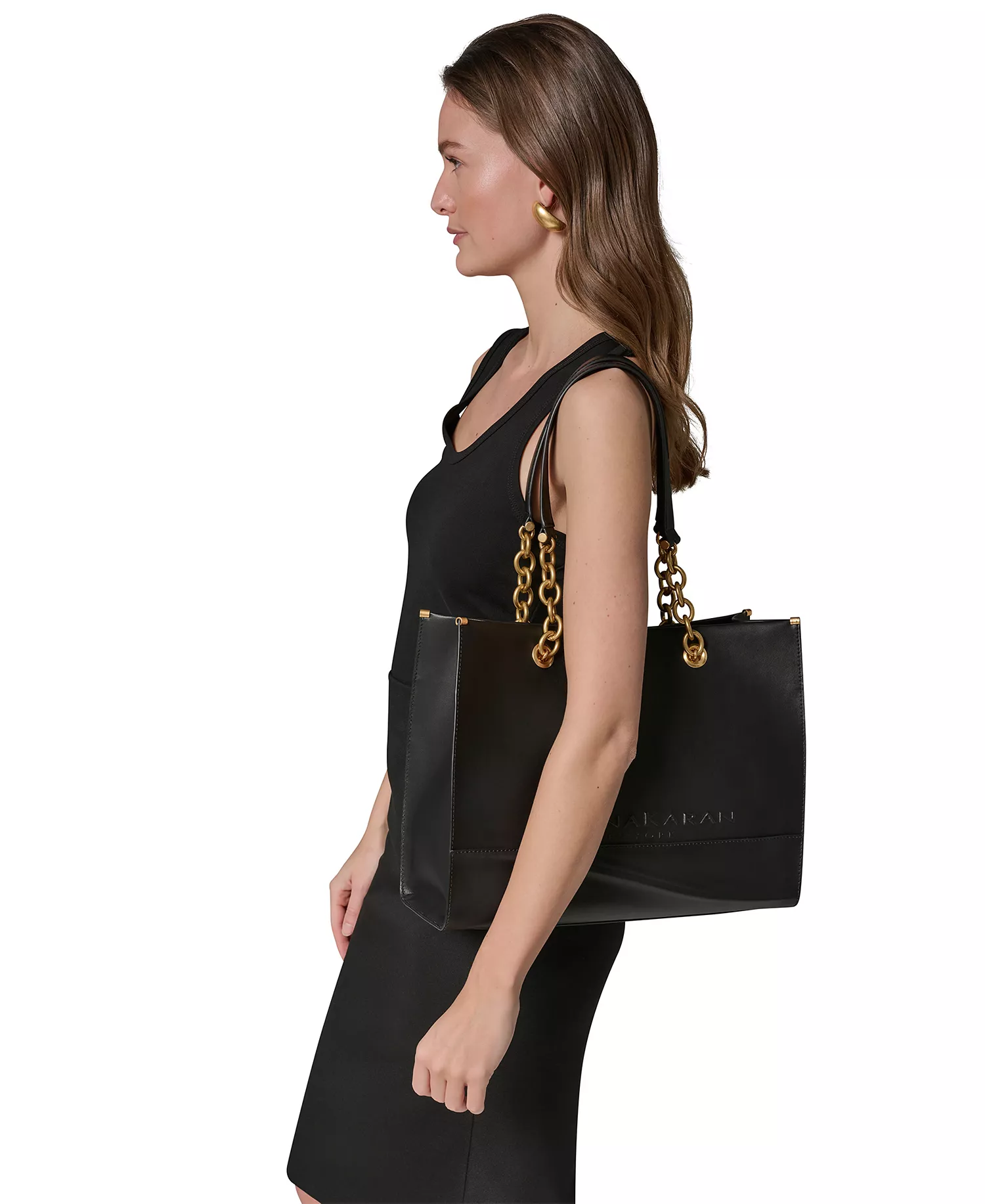 Merino Leather Large Tote Bag - Black/Gold - ONE SIZE
