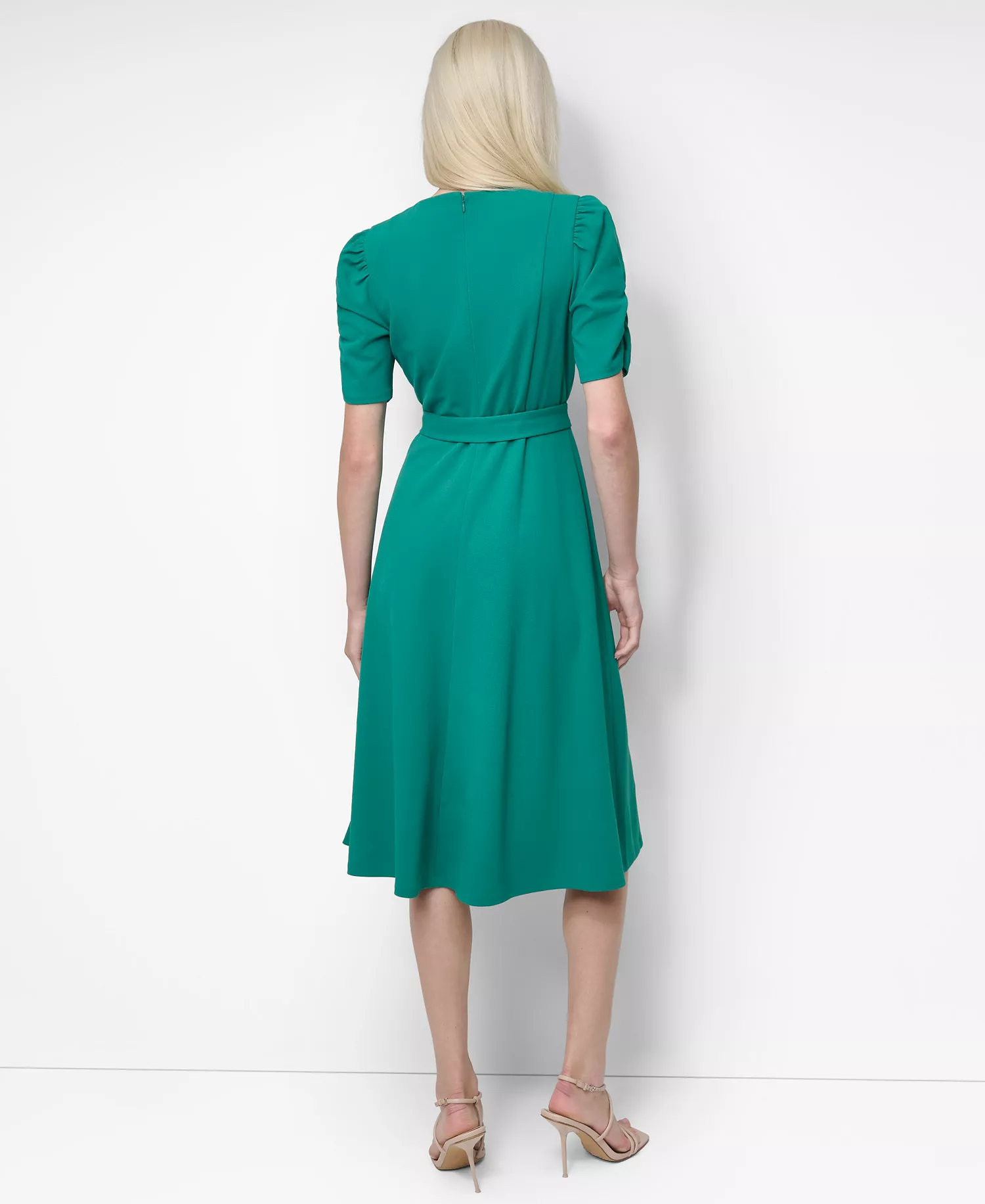 Women's Short-Sleeve Scuba Crepe Belted Fit and Flare Midi Dress - Meadow - 6