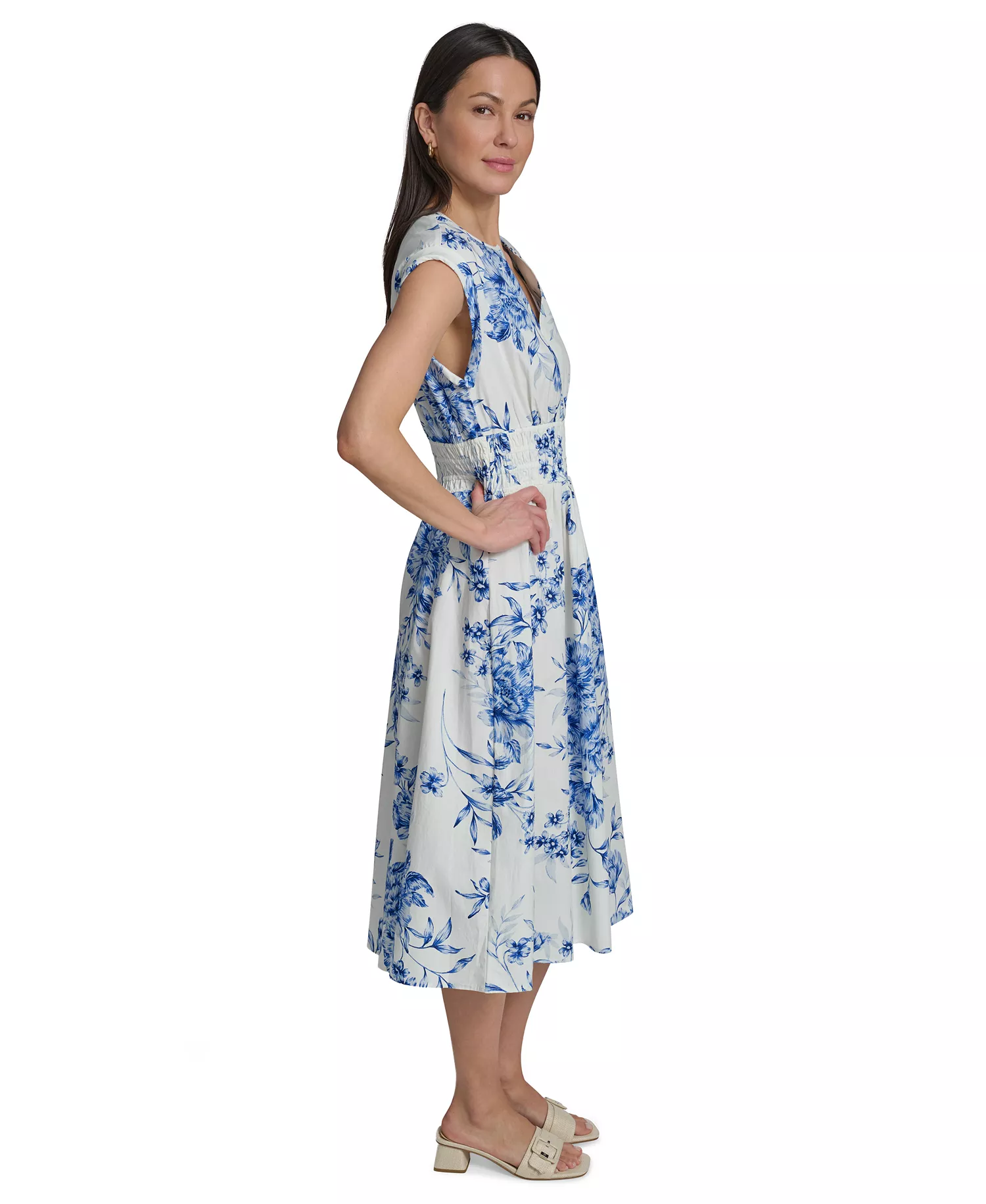 Women's Floral Smocked V-Neck A-Line Midi Dress - CHAMBRAY MULTI - 10