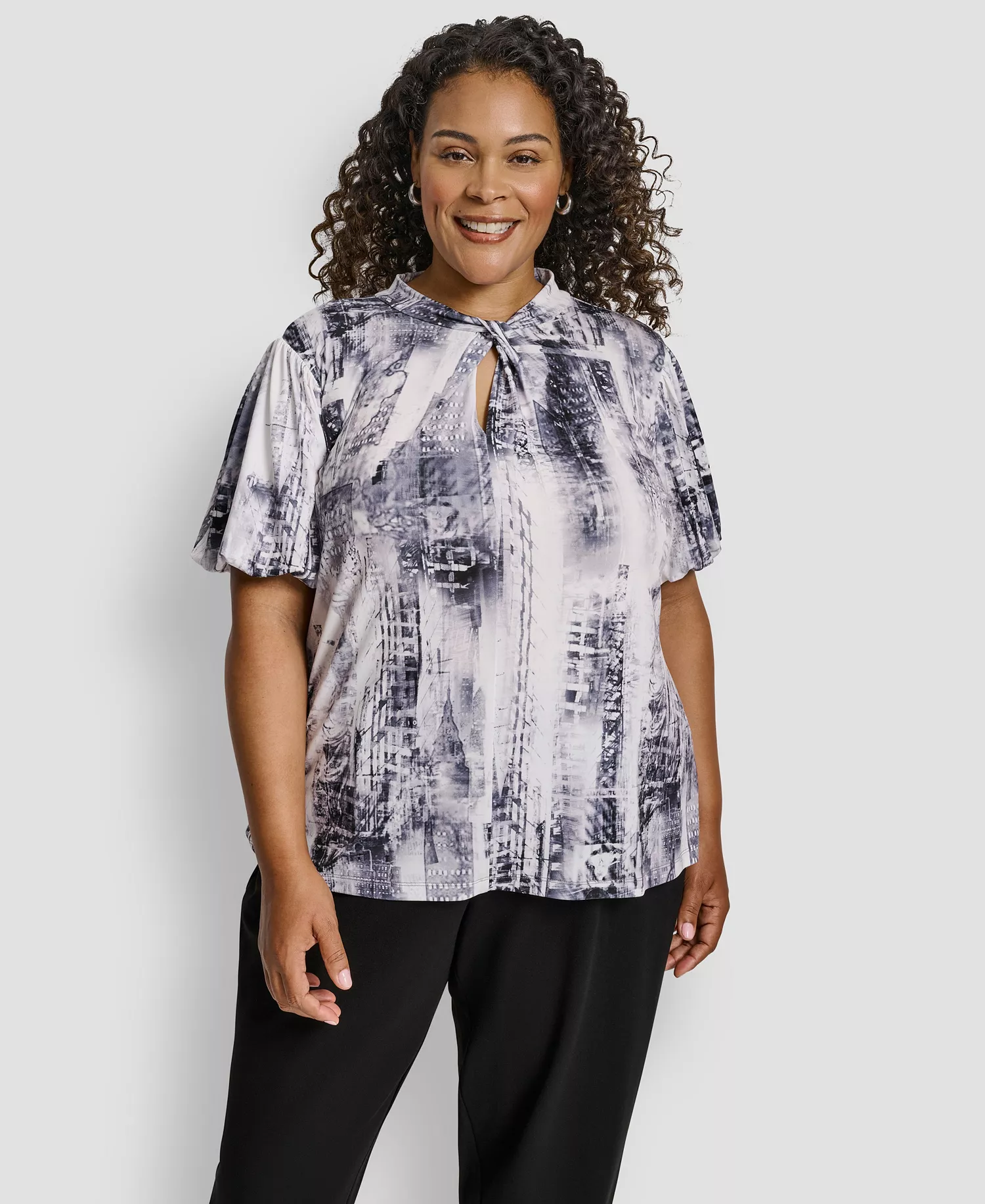 Plus Size Loop Neck Balloon Sleeve Top - Graphite/Stone Gray Multi - 1X