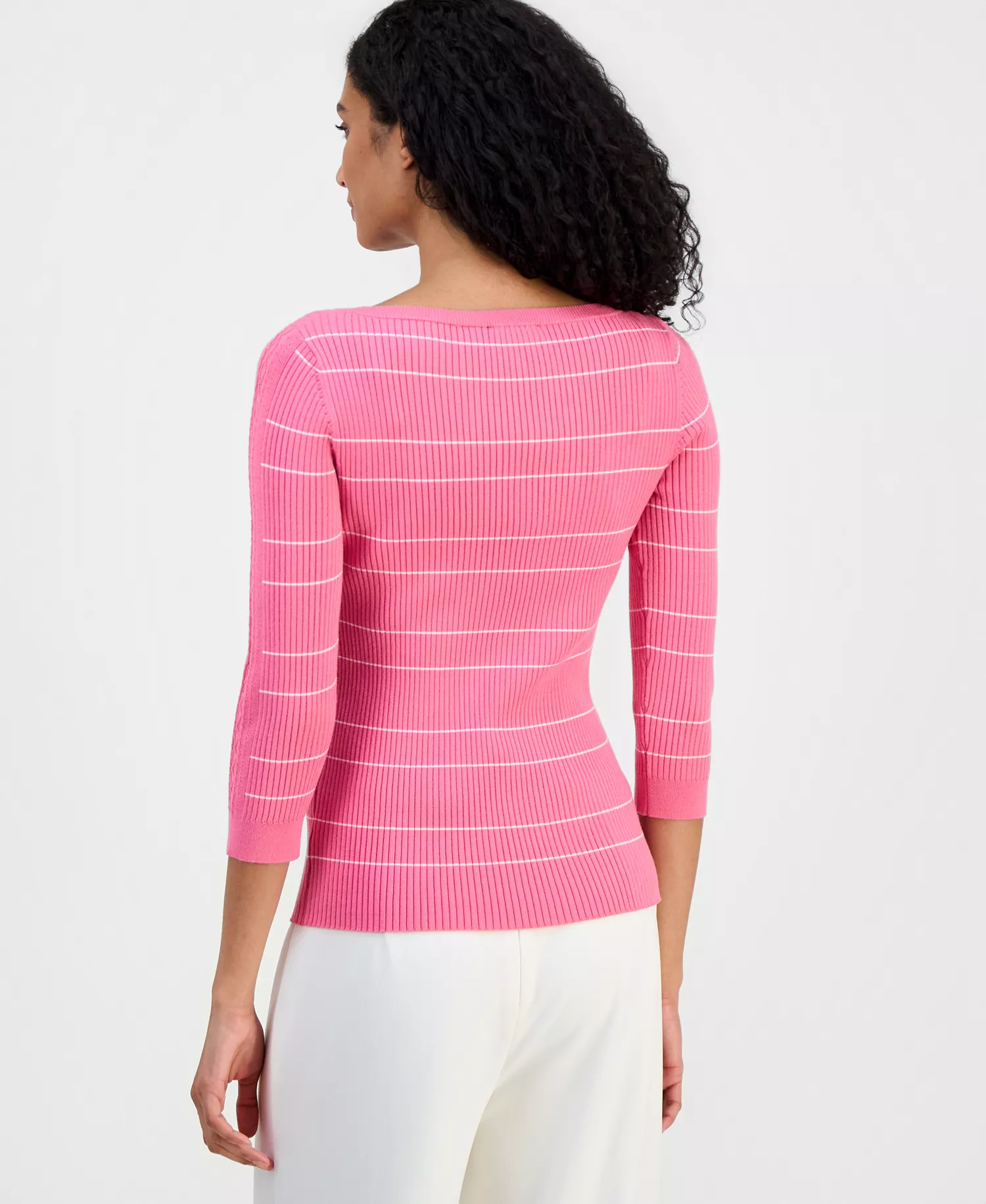 Women's Ribbed Boat-Neck Sweater - Parisian Pink / White - L