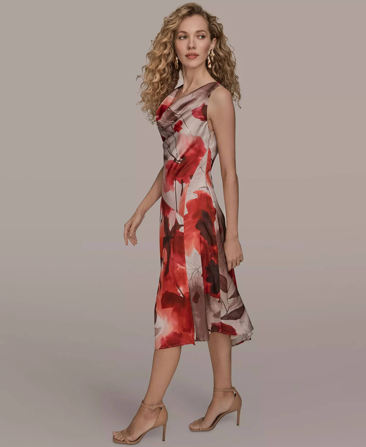 Women's Cowl Neck A-Line Midi Dress - Pink multi - 10