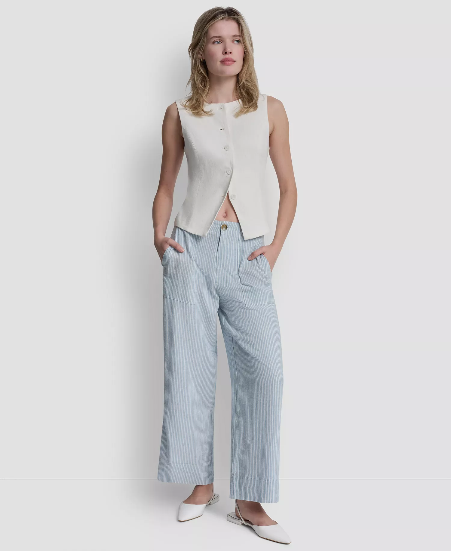 Women's Cropped Wide-Leg Linen-Blend Pants - Lex Stripe-chambray/ivory - 0