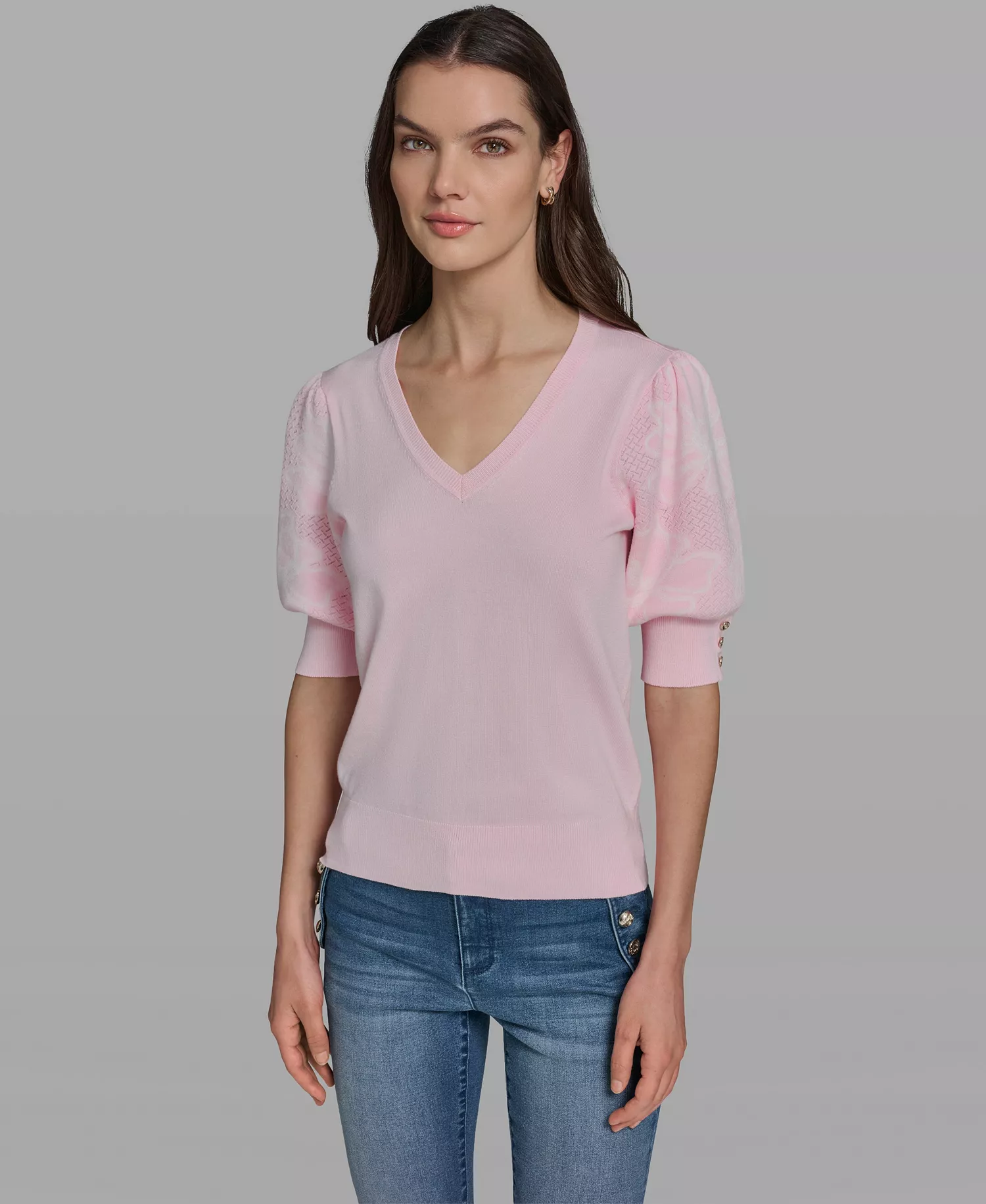 Women's V-Neck Floral Embroidered Short Sleeve Sweater - Ballet Slipper - L