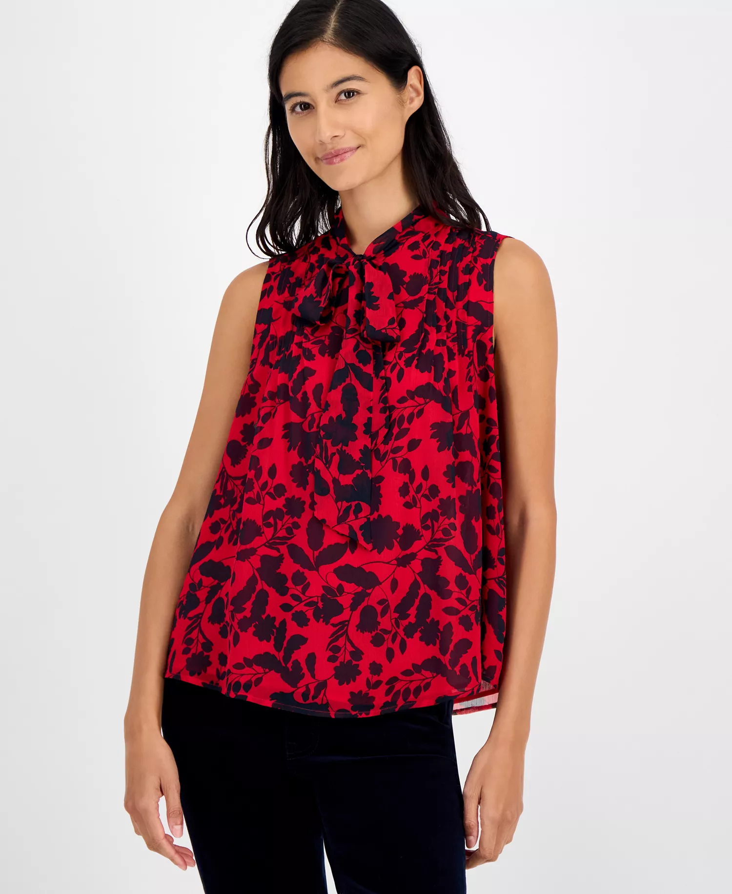 Women's Floral-Print Pleated Top - Scarlet/ Sky Captain - S