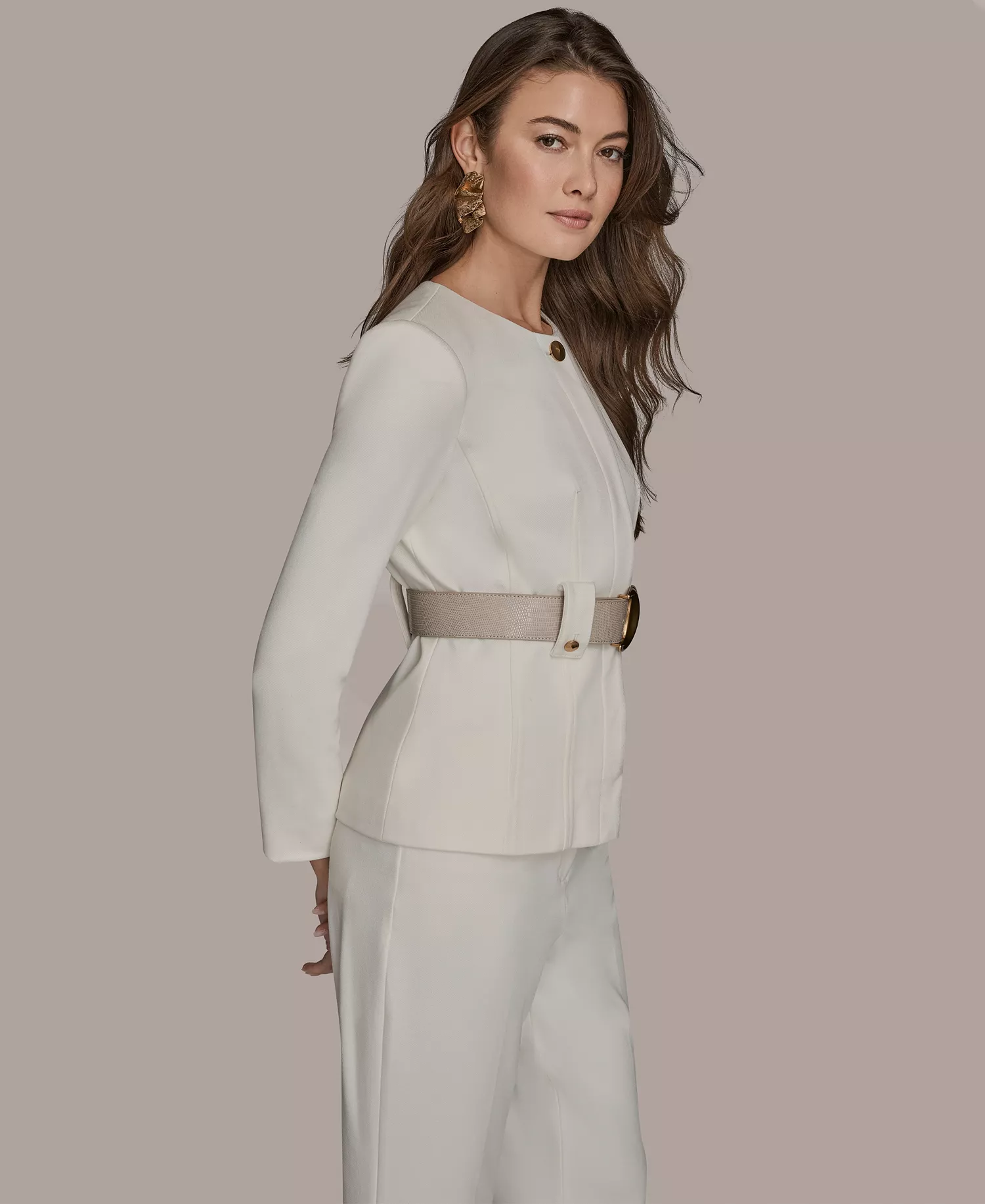 Women's Belted One Button Jacket and Flared Mid-Rise Pants - Cream - 10
