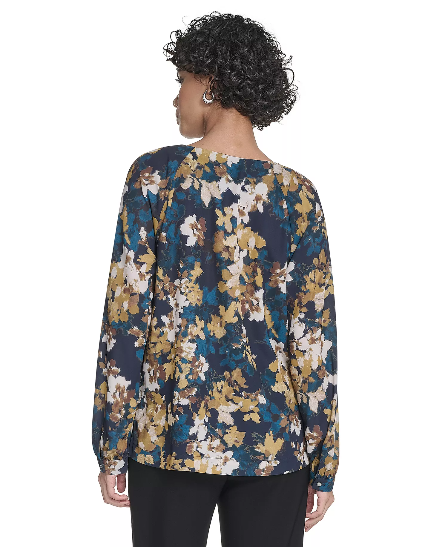 Women's Long Sleeve Keyhole Blouse - Navy Multi - XS
