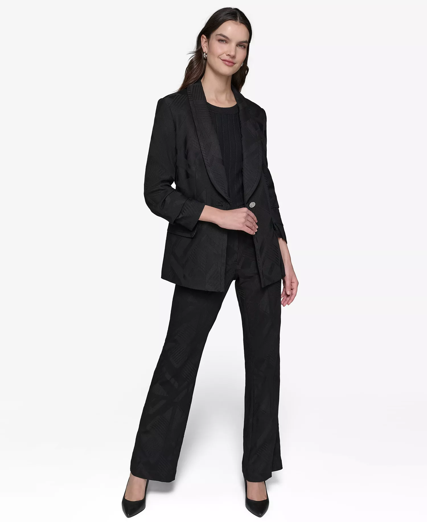 Jacquard Shawl-Collar Blazer, Tie-Neck Blouse & Jacquard Wide-Leg Pants - Black - 10