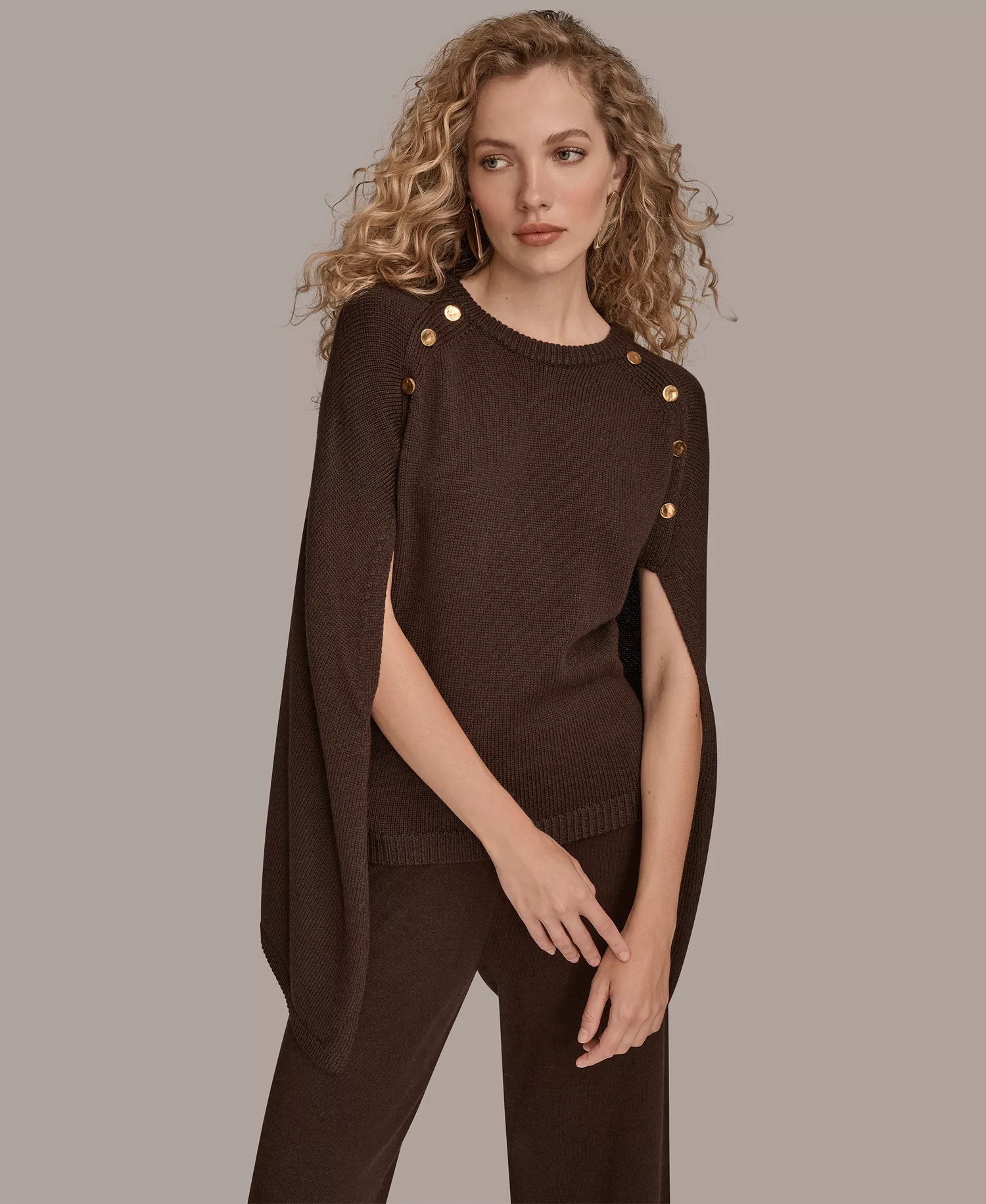 Women's Button Detail Poncho Sweater - Chocolate Plum - XL