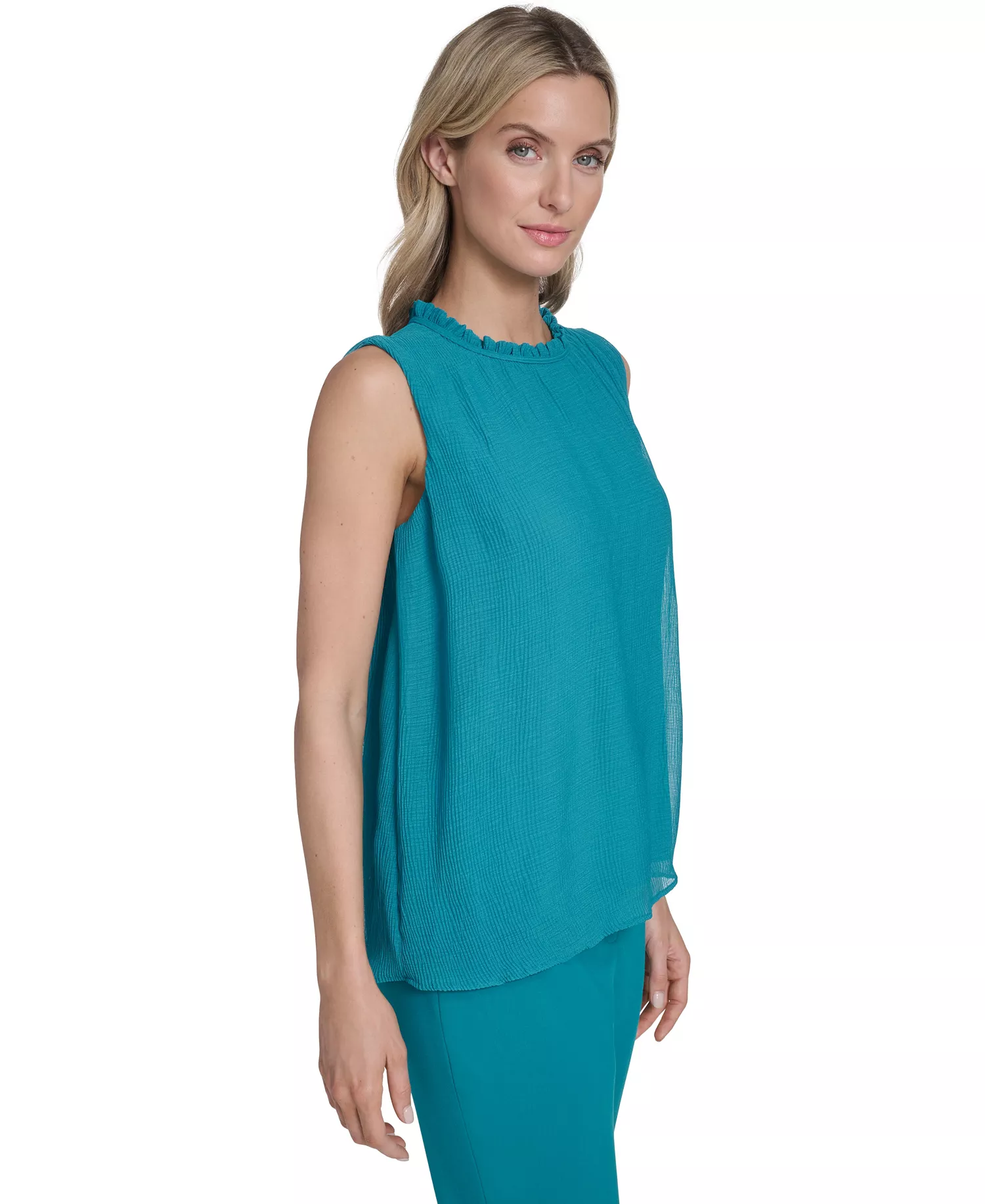 Women's Sleeveless Ruffle Neckline Top - Petrol - L